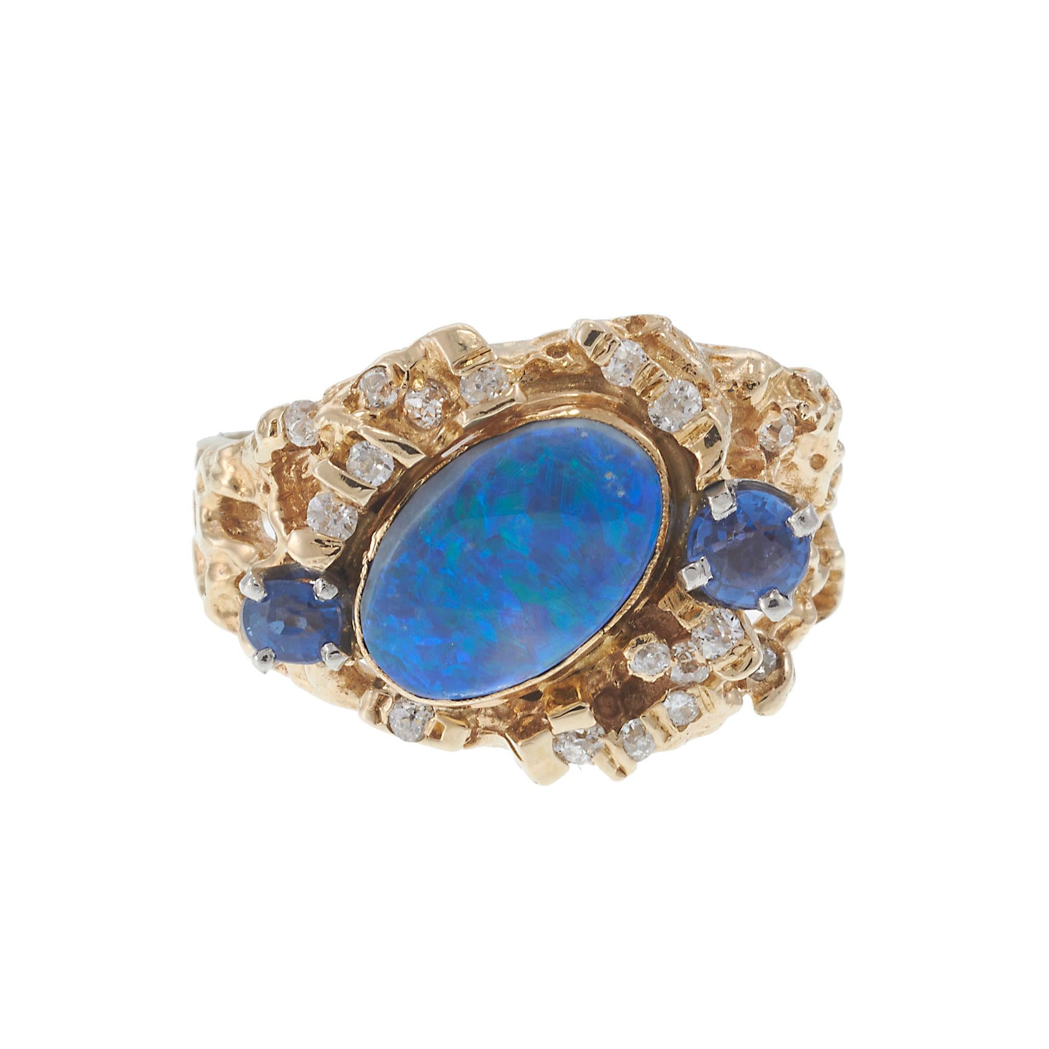 Vintage Retro Era 14KT Yellow Gold Black Opal, Sapphire, and Diamond Ring