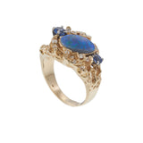 Vintage Retro Era 14KT Yellow Gold Black Opal, Sapphire, and Diamond Ring