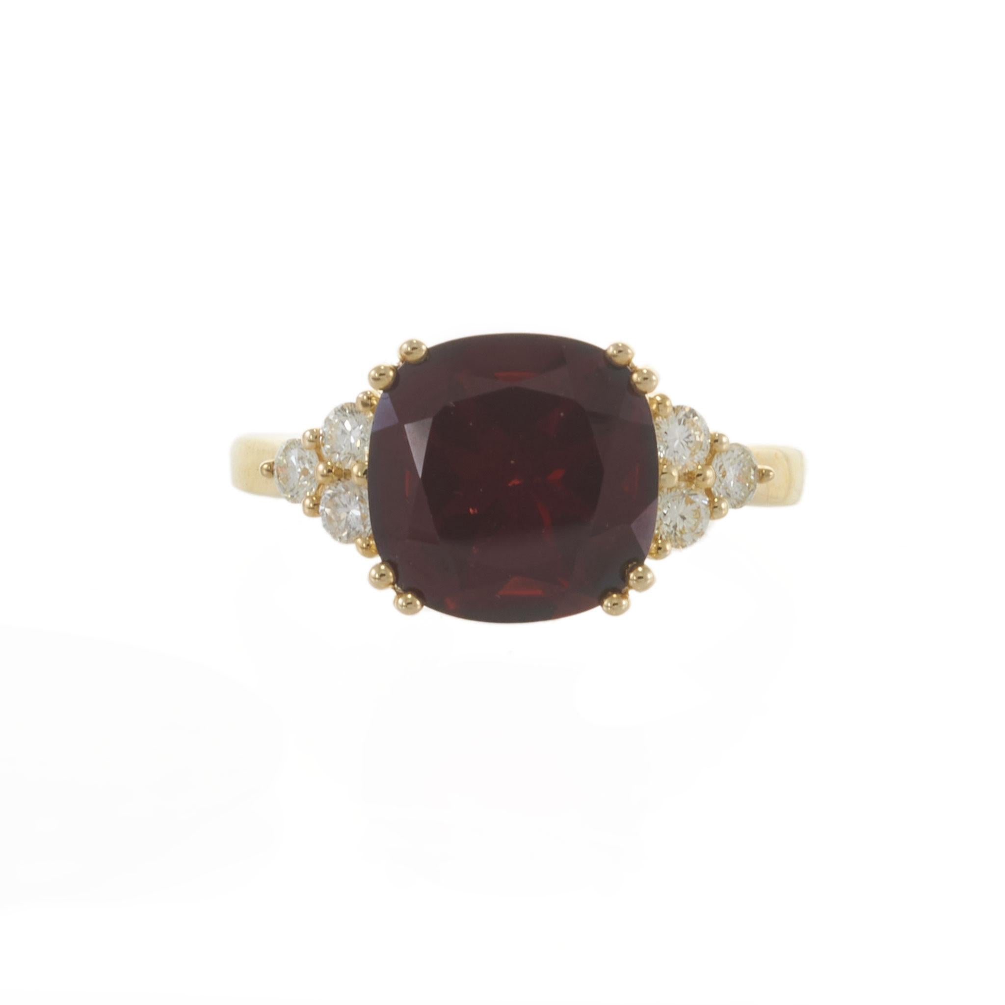 14KT Yellow Gold 4.60CT Cushion Cut Garnet and Diamond Ring