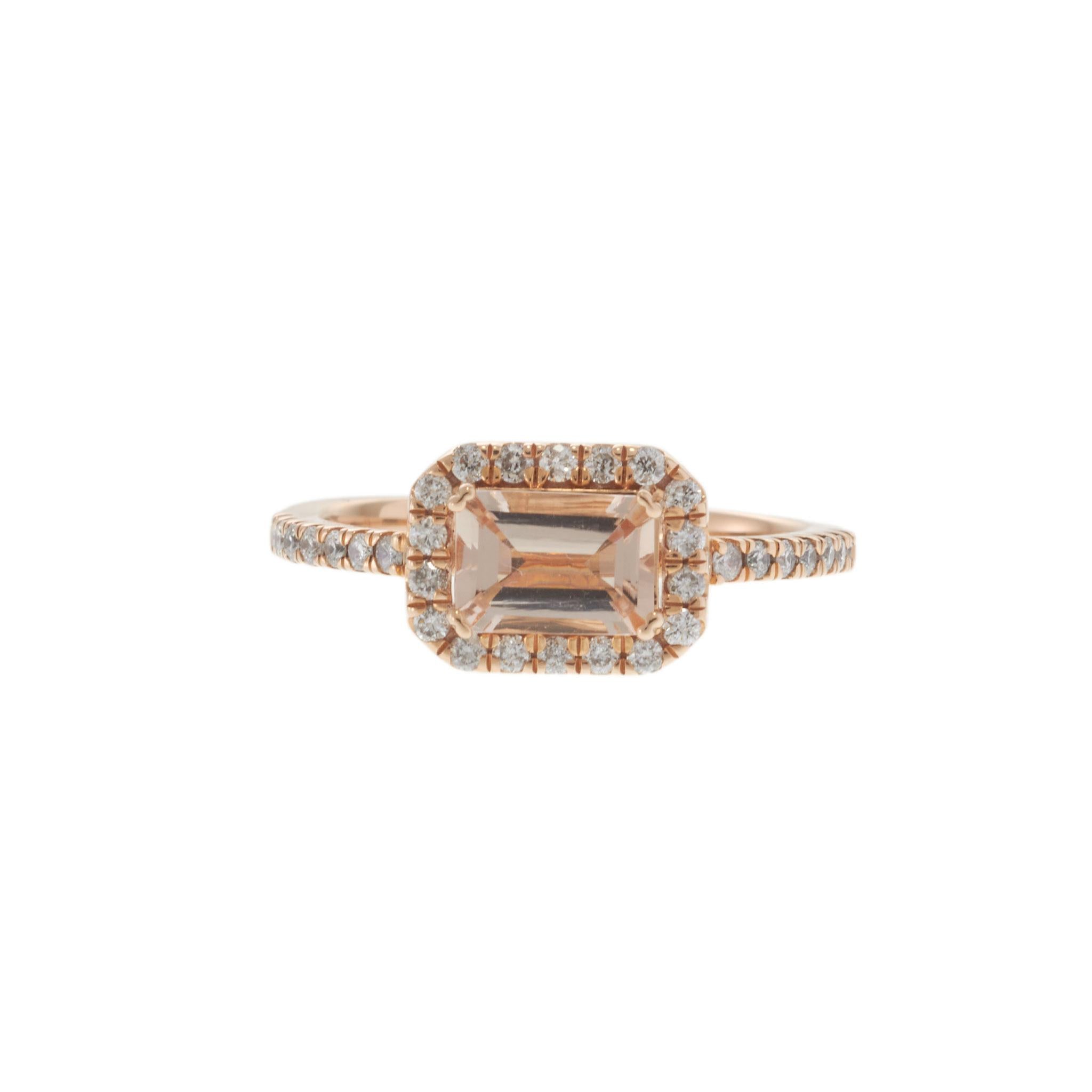 14KT Rose Gold Emerald Cut Morganite Ring with Diamond Halo and Shank