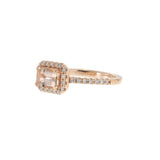 14KT Rose Gold Emerald Cut Morganite Ring with Diamond Halo and Shank