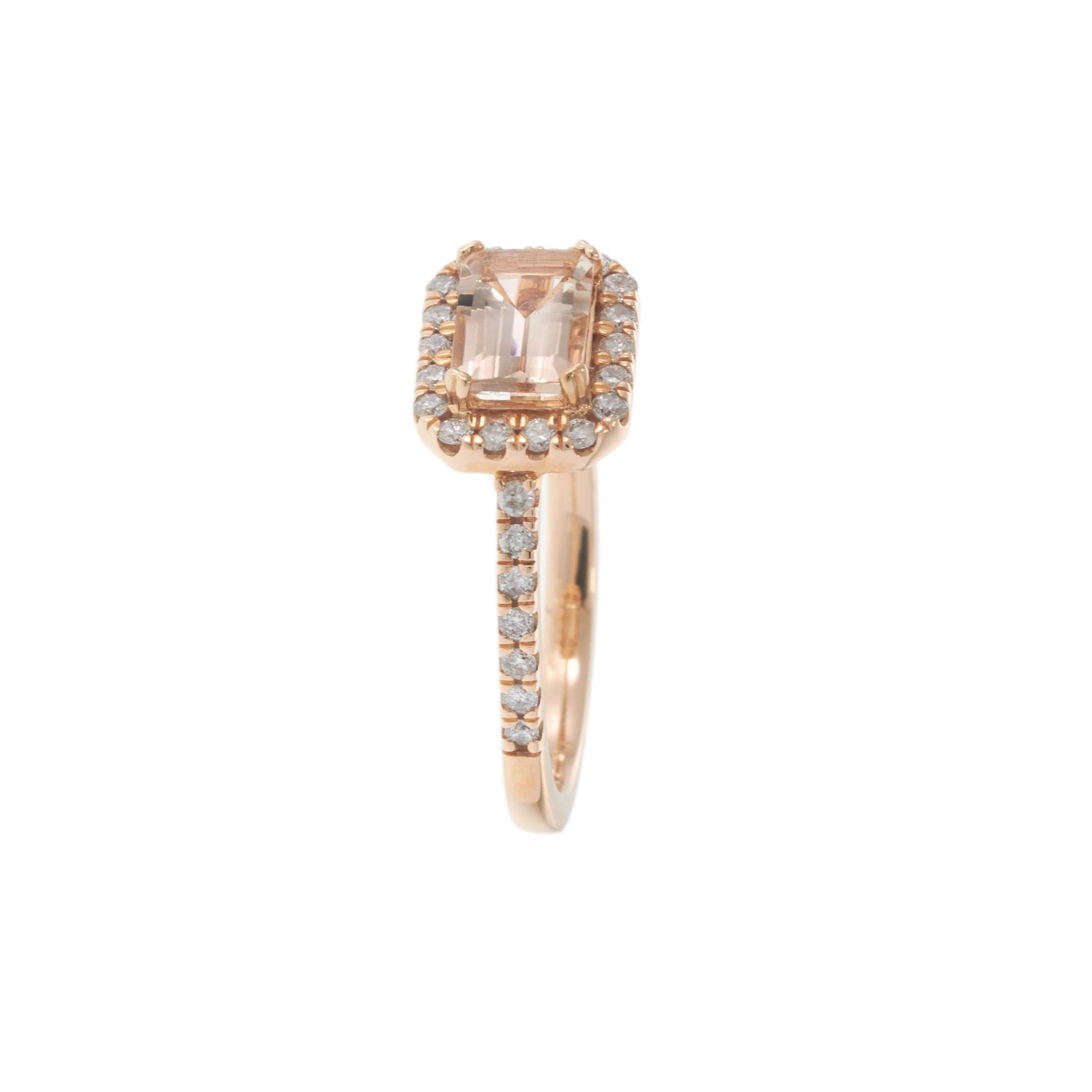 14KT Rose Gold Emerald Cut Morganite Ring with Diamond Halo and Shank