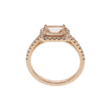 14KT Rose Gold Emerald Cut Morganite Ring with Diamond Halo and Shank