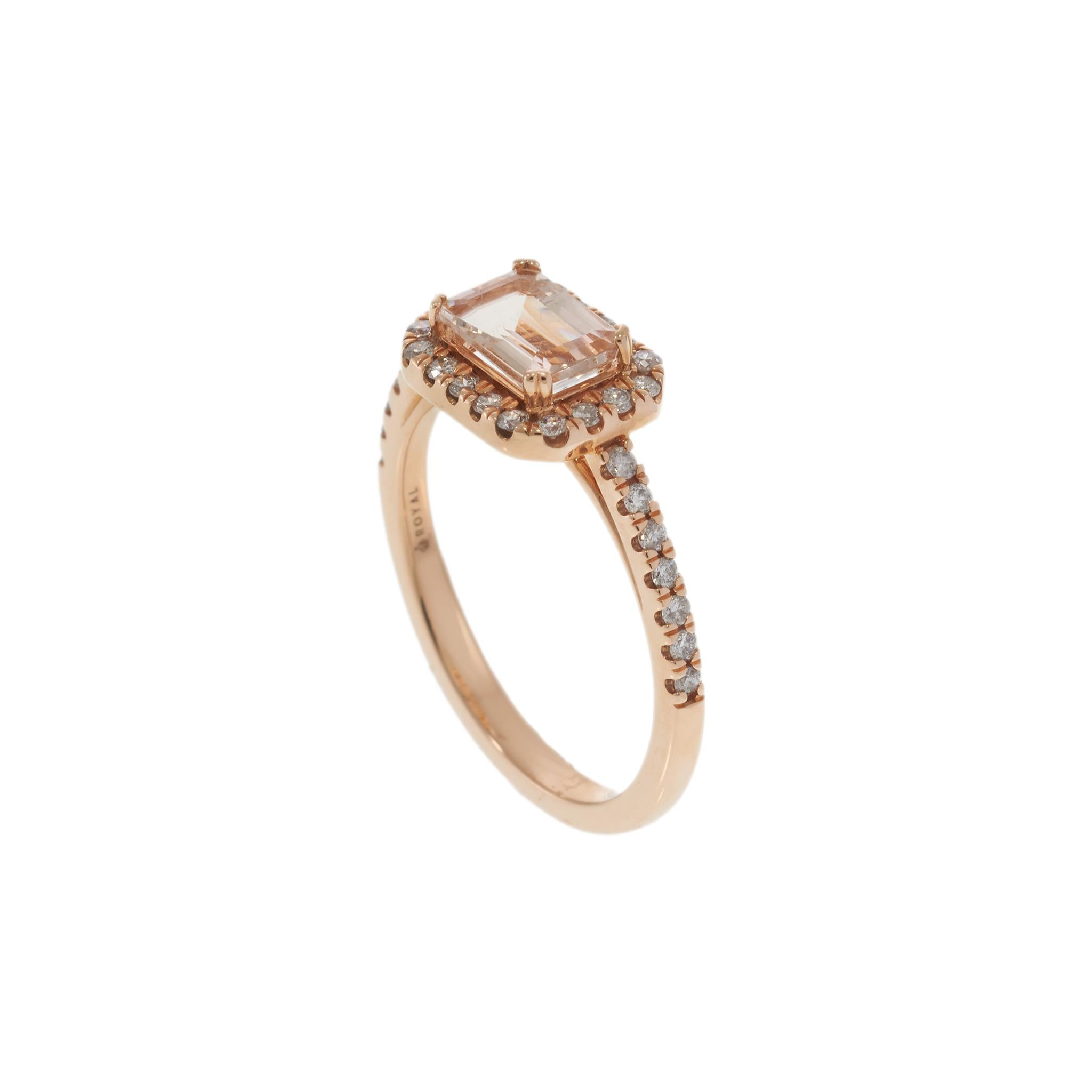 14KT Rose Gold Emerald Cut Morganite Ring with Diamond Halo and Shank