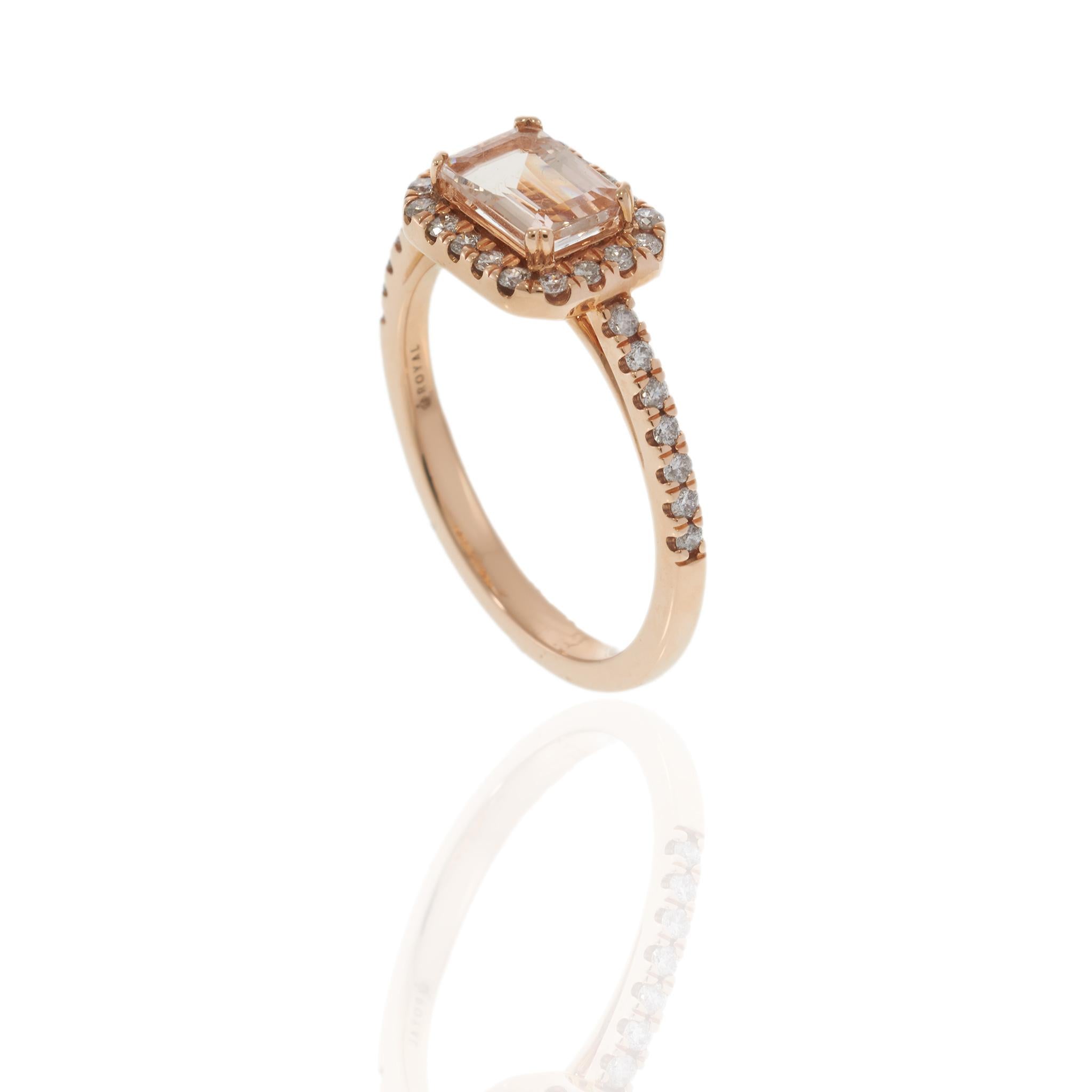 14KT Rose Gold Emerald Cut Morganite Ring with Diamond Halo and Shank
