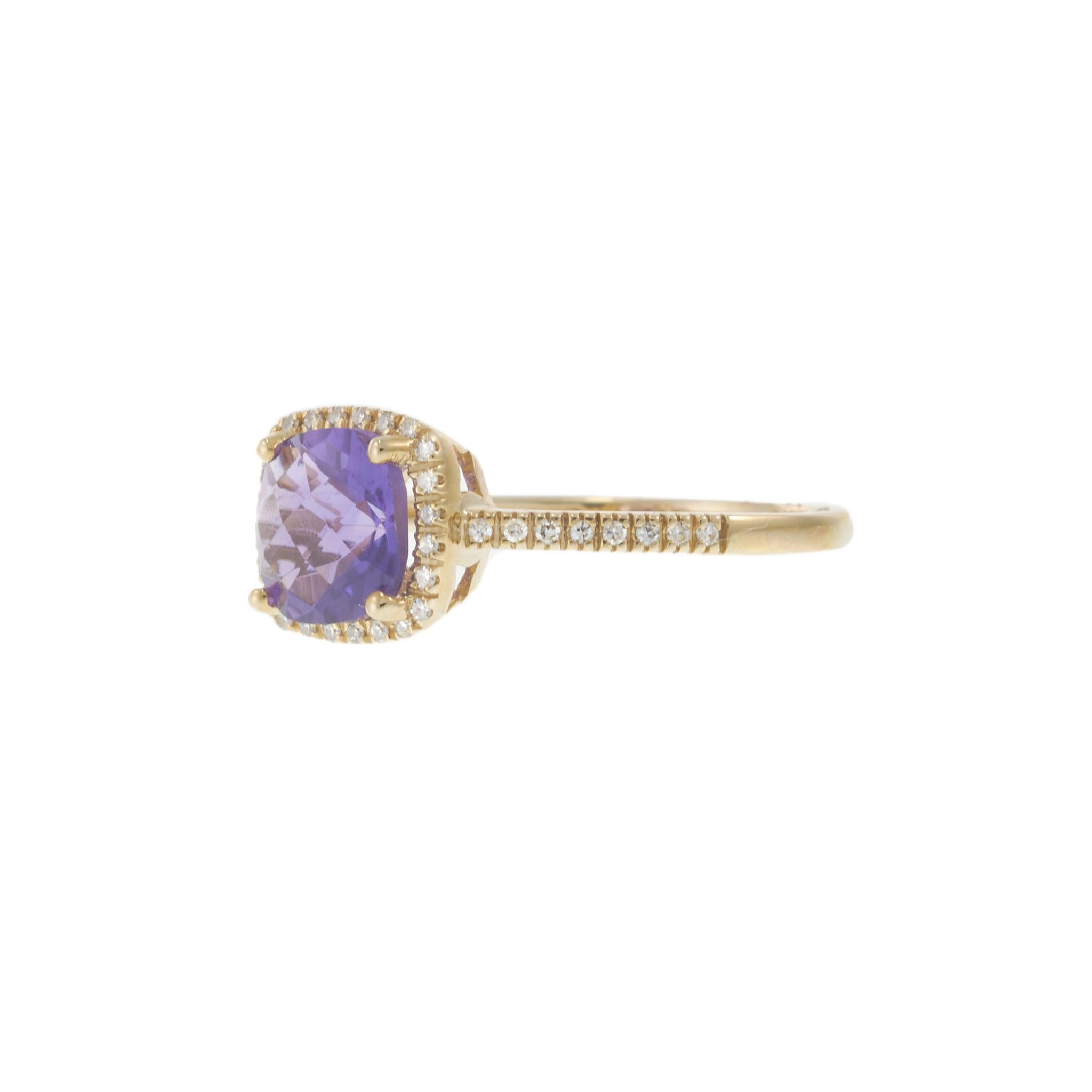 14KT Yellow Gold Cushion 1.28CT Amethyst Diamond Halo Ring with Open Gallery