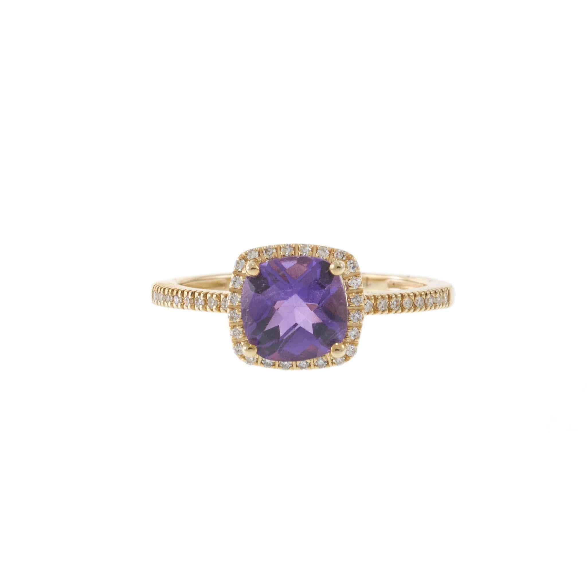 14KT Yellow Gold Cushion 1.28CT Amethyst Diamond Halo Ring with Open Gallery