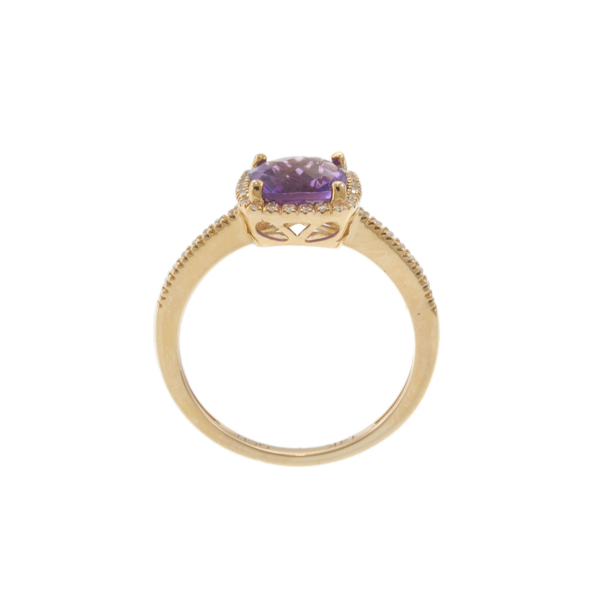 14KT Yellow Gold Cushion 1.28CT Amethyst Diamond Halo Ring with Open Gallery