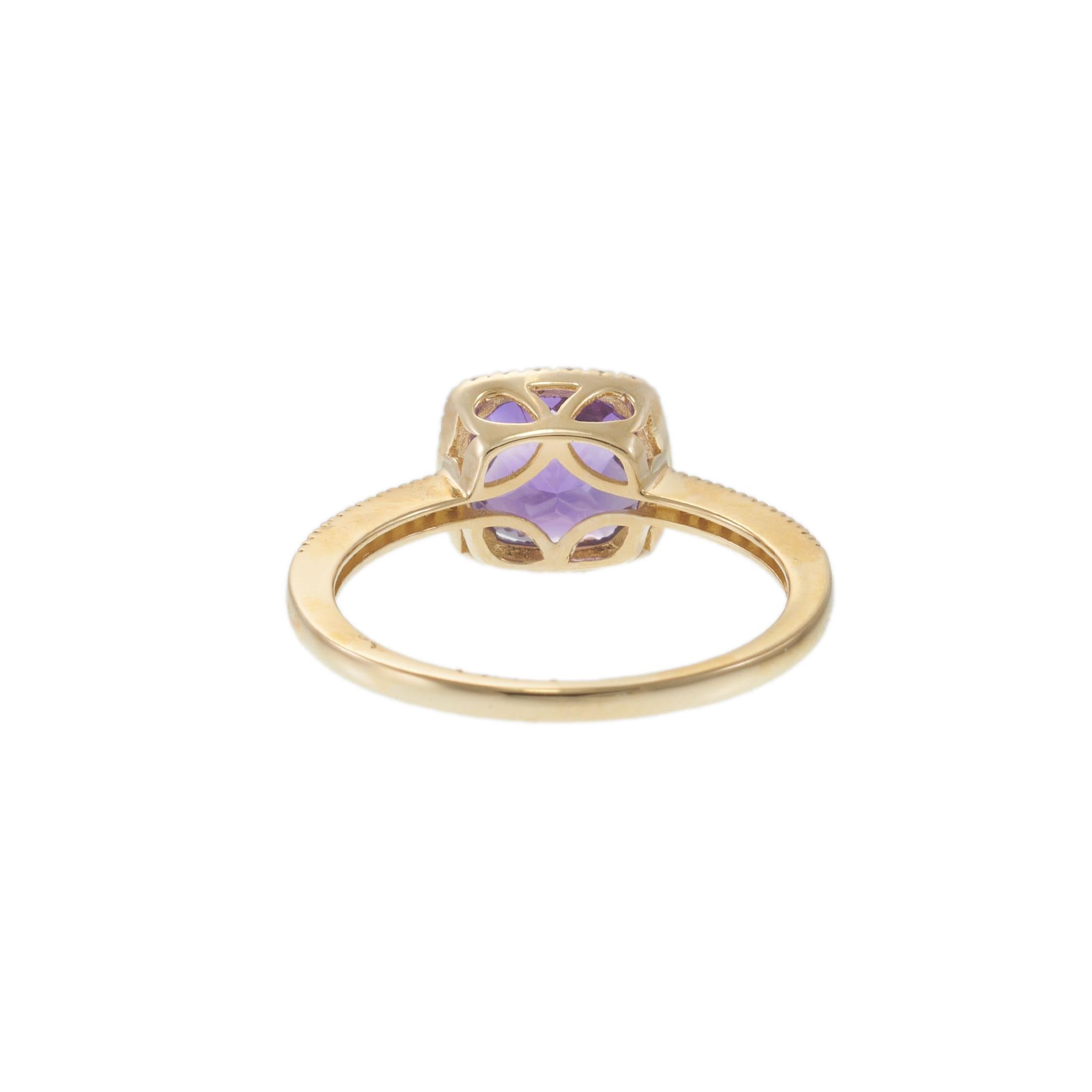 14KT Yellow Gold Cushion 1.28CT Amethyst Diamond Halo Ring with Open Gallery
