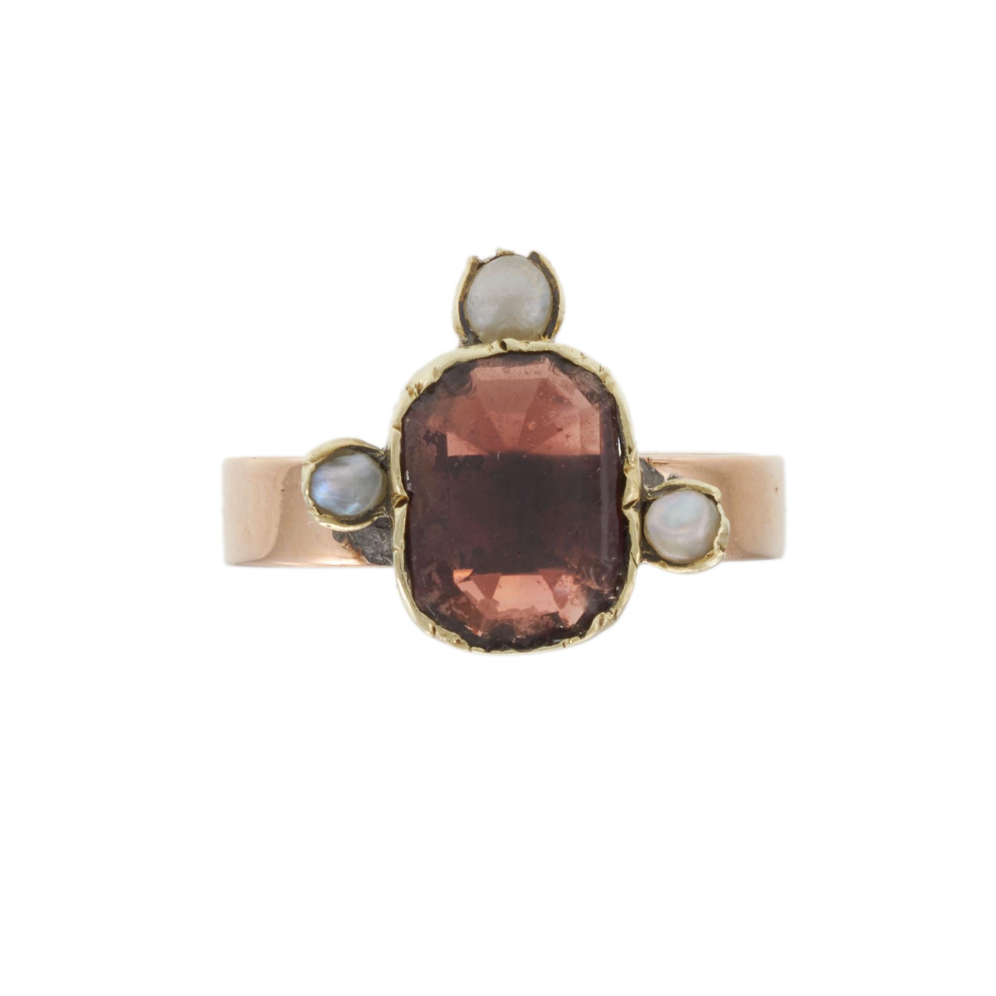 Antique Victorian 10KT Rose Gold Garnet and Seed Pearl Ring