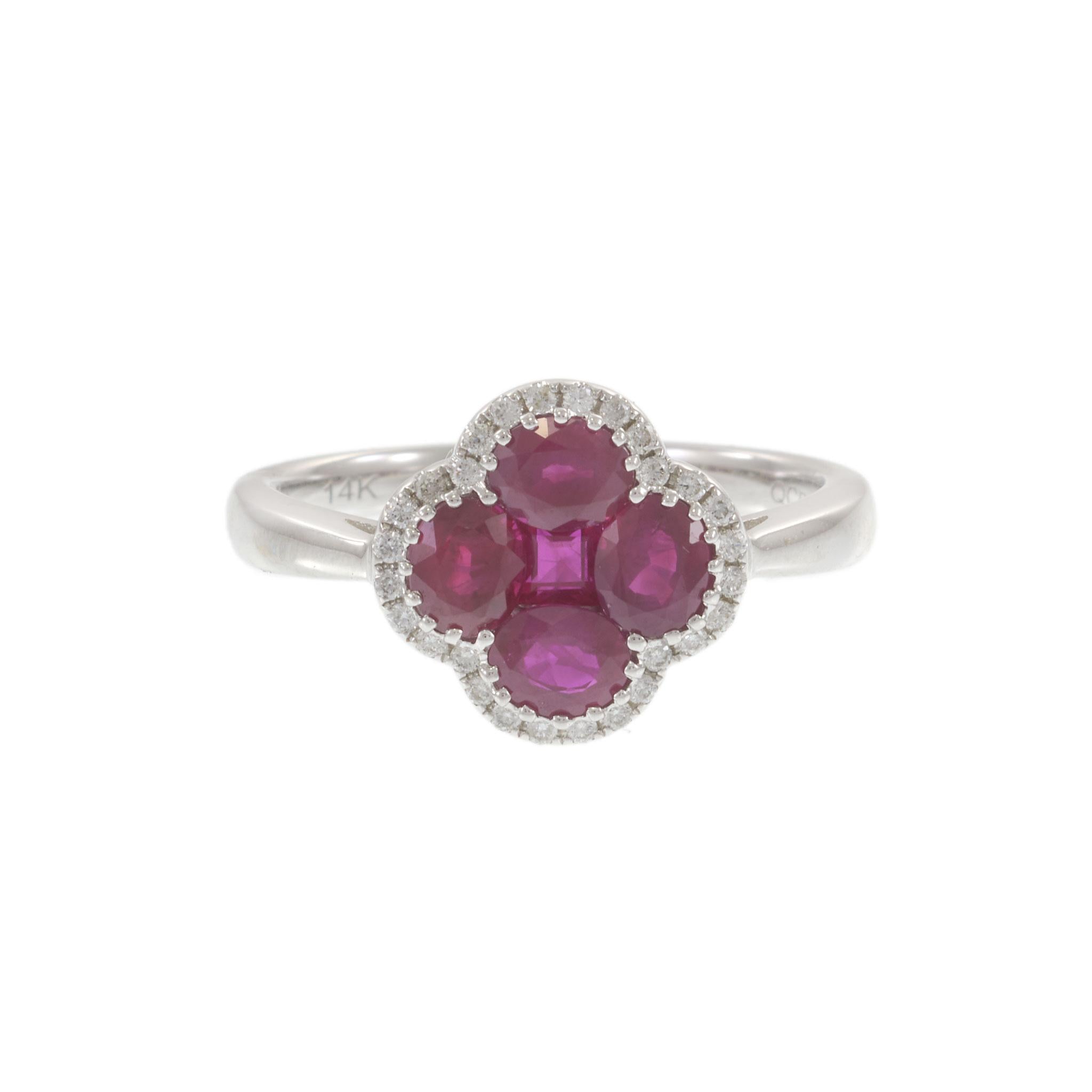 14KT White Gold Ruby and Diamond Clover Ring 1.59CT TW Rubies