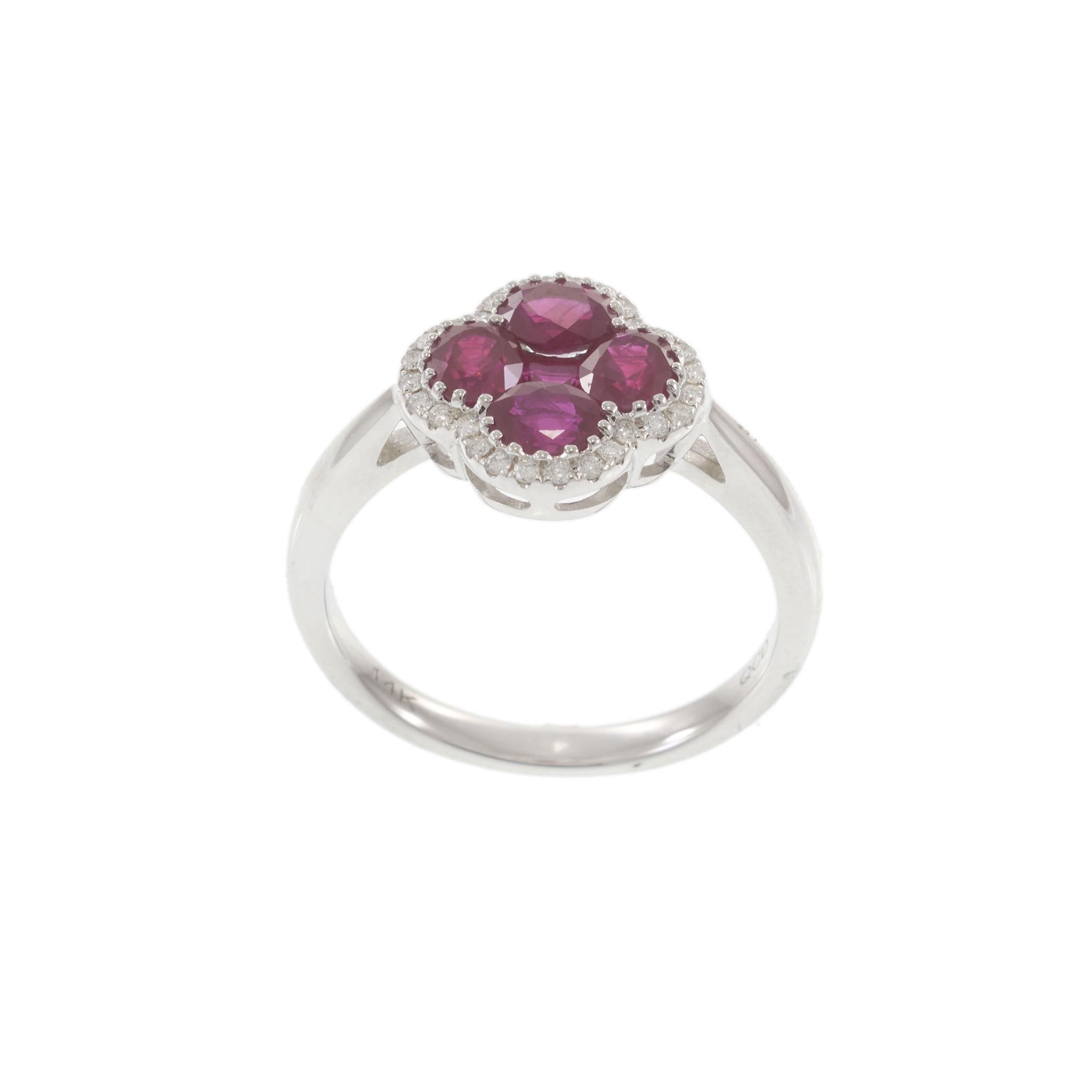 14KT White Gold Ruby and Diamond Clover Ring 1.59CT TW Rubies