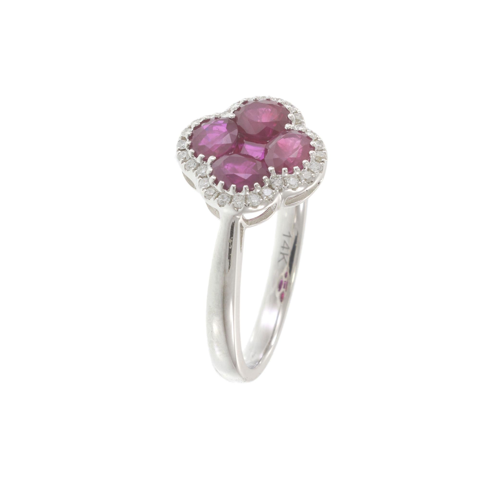14KT White Gold Ruby and Diamond Clover Ring 1.59CT TW Rubies