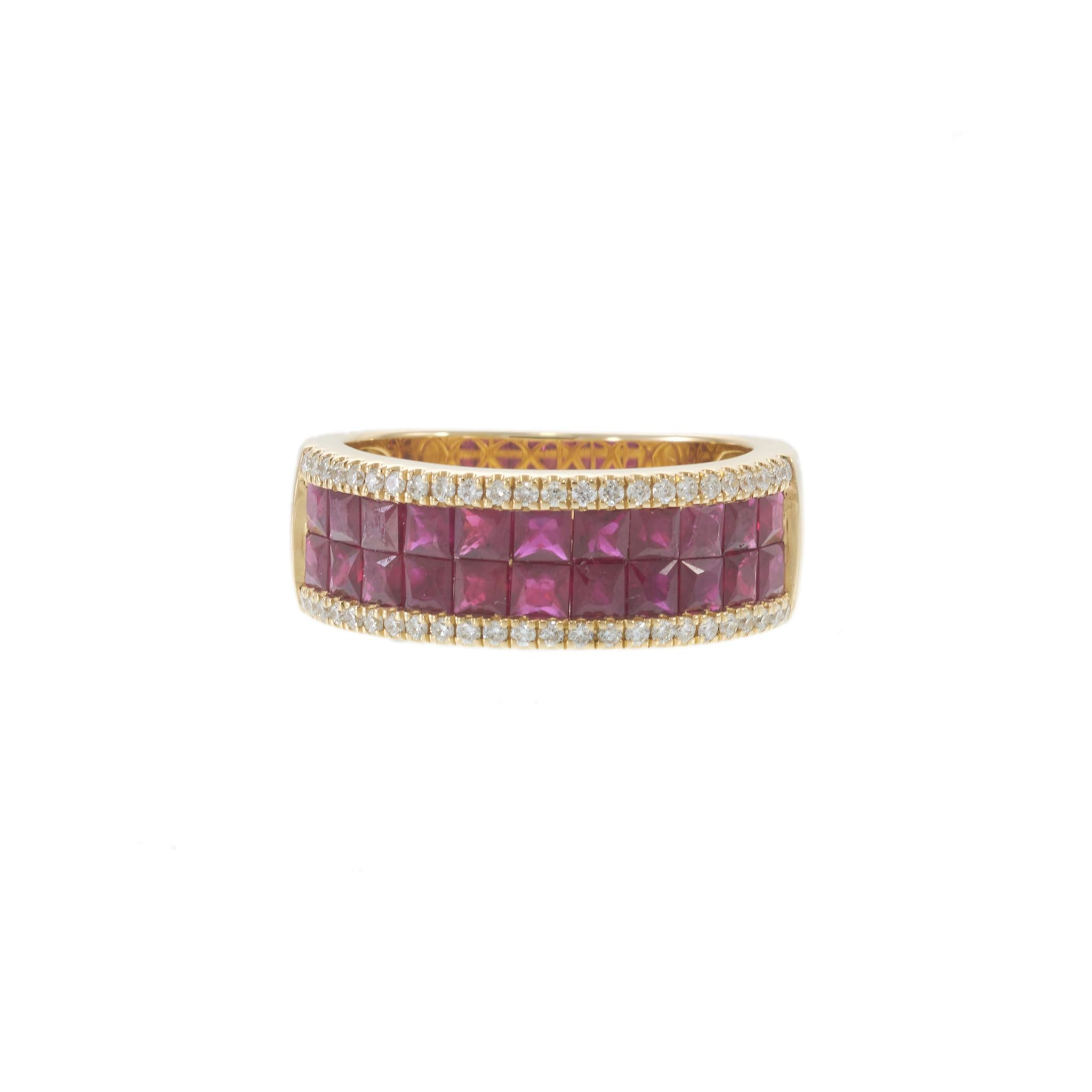 14KT Yellow Gold Invisible Set Ruby Band Ring with Diamond Accents