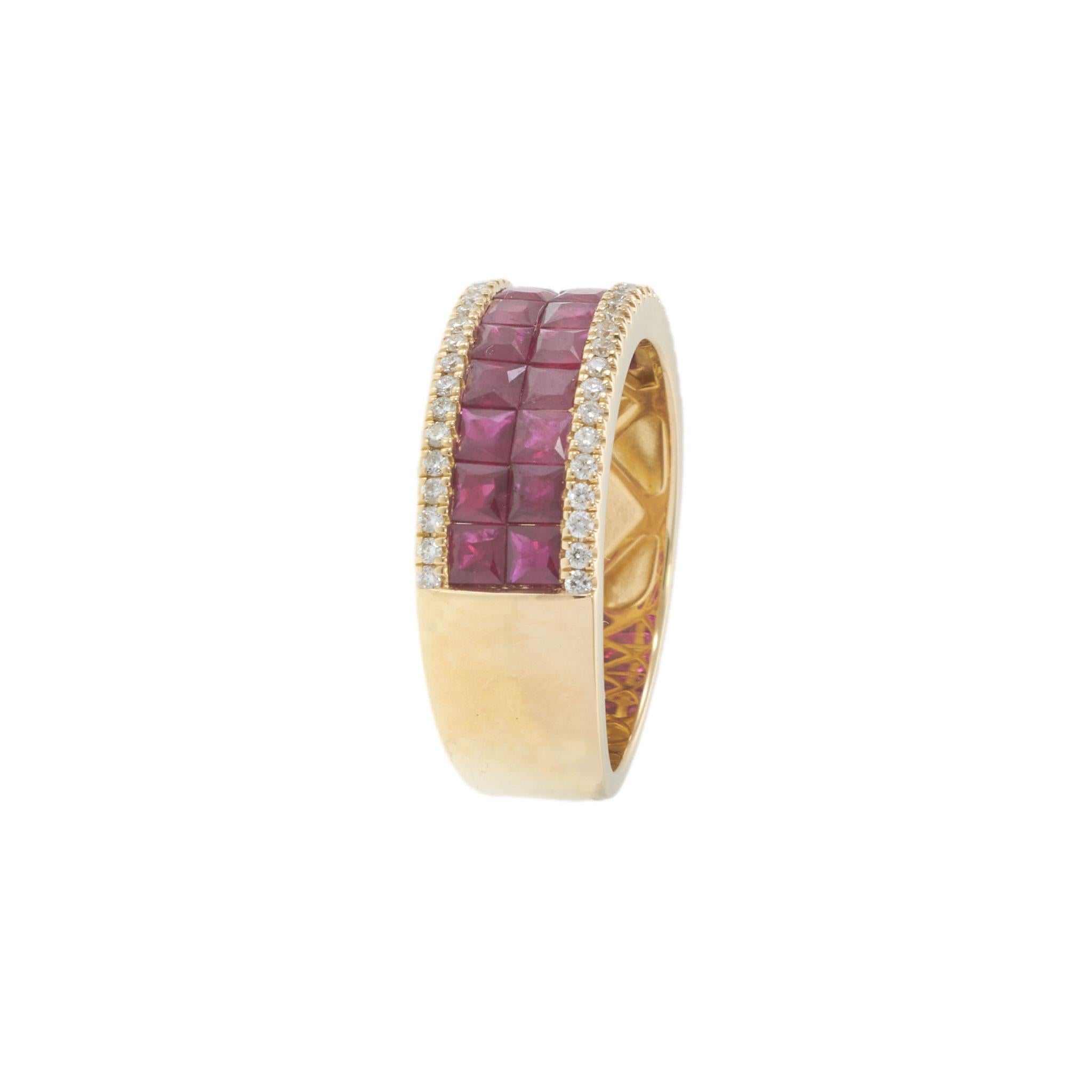 14KT Yellow Gold Invisible Set Ruby Band Ring with Diamond Accents