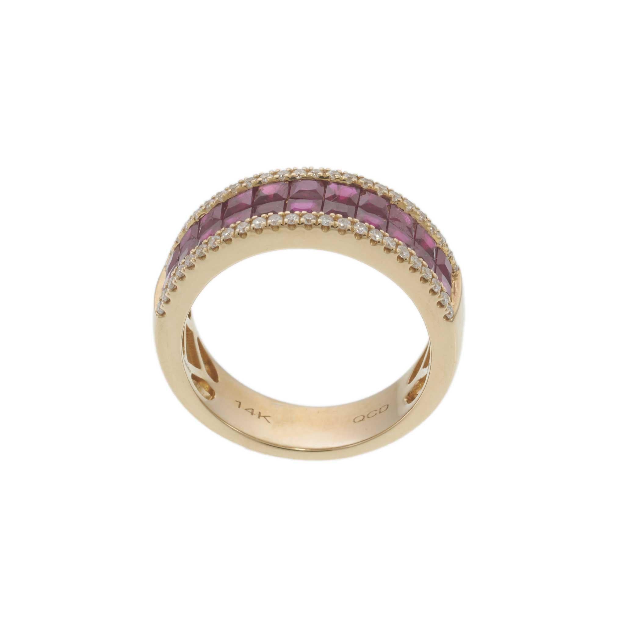 14KT Yellow Gold Invisible Set Ruby Band Ring with Diamond Accents