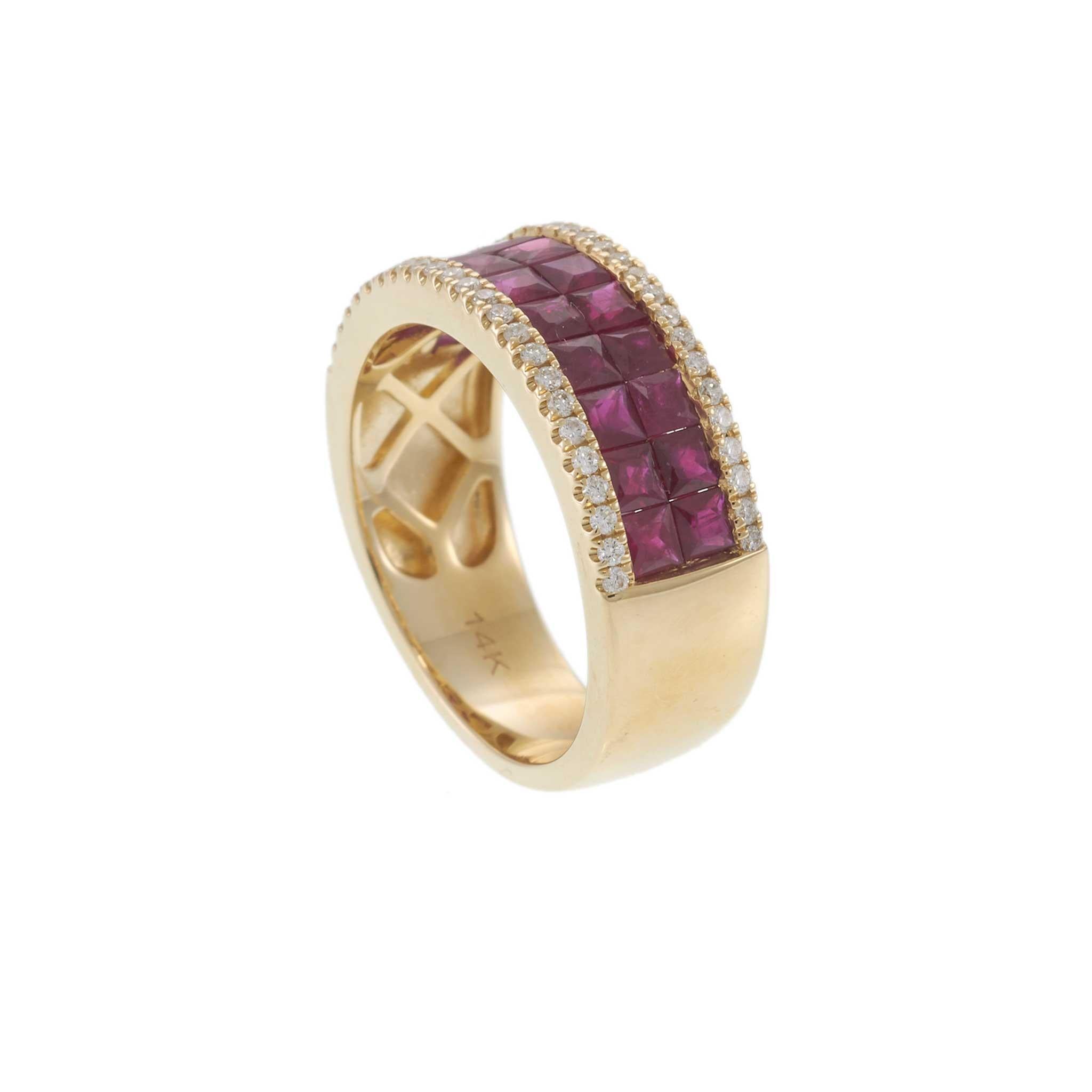 14KT Yellow Gold Invisible Set Ruby Band Ring with Diamond Accents
