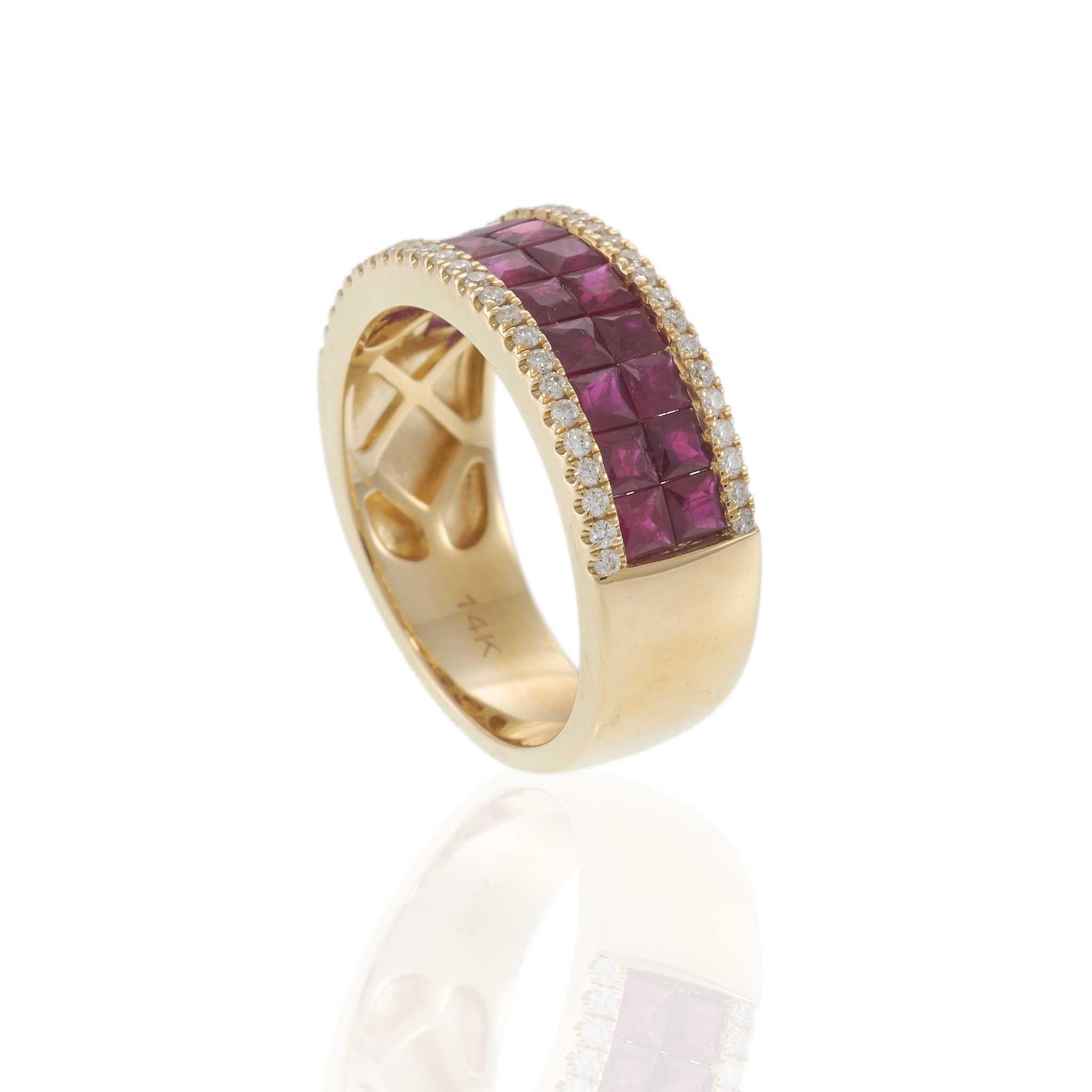 14KT Yellow Gold Invisible Set Ruby Band Ring with Diamond Accents