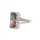 14KT White Gold 4.65CT Watermelon Tourmaline and Diamond Halo Ring