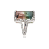 14KT White Gold 4.65CT Watermelon Tourmaline and Diamond Halo Ring