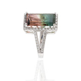14KT White Gold 4.65CT Watermelon Tourmaline and Diamond Halo Ring
