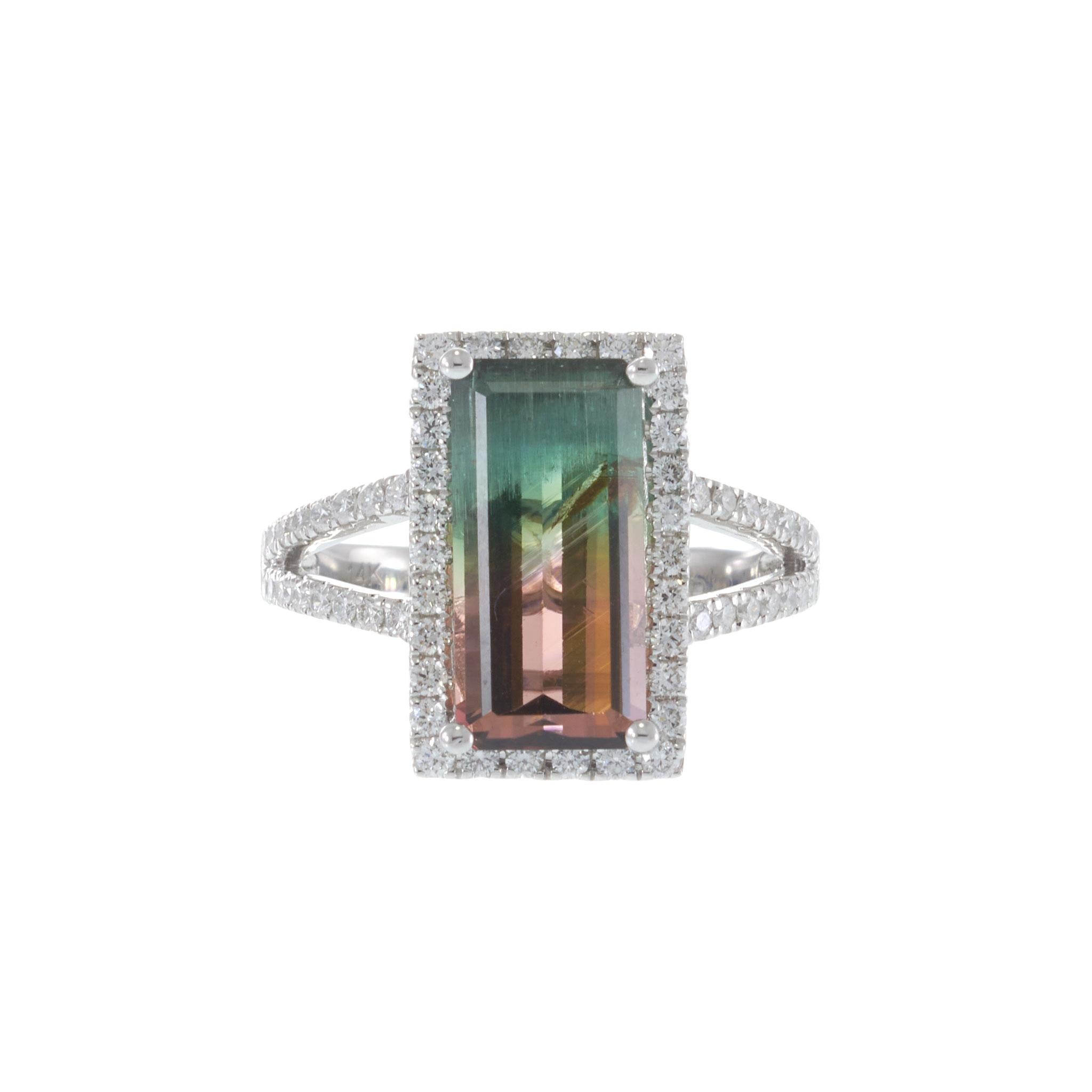 14KT White Gold 4.65CT Watermelon Tourmaline and Diamond Halo Ring