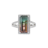14KT White Gold 4.65CT Watermelon Tourmaline and Diamond Halo Ring