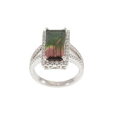14KT White Gold 4.65CT Watermelon Tourmaline and Diamond Halo Ring