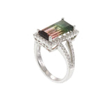 14KT White Gold 4.65CT Watermelon Tourmaline and Diamond Halo Ring