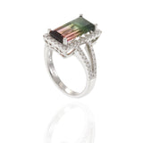 14KT White Gold 4.65CT Watermelon Tourmaline and Diamond Halo Ring