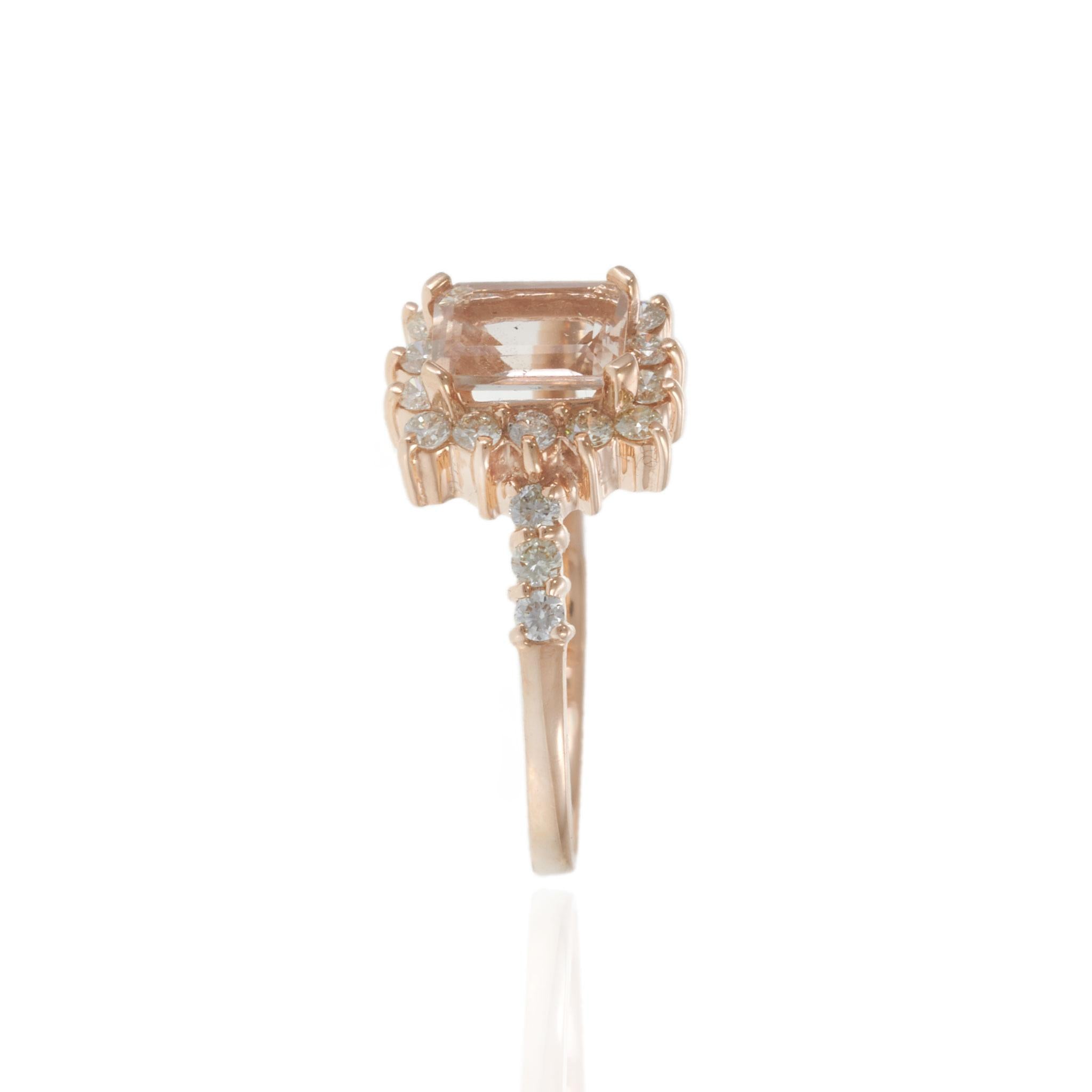 14KT Rose Gold Morganite and Diamond Halo Ring – 0.95CT