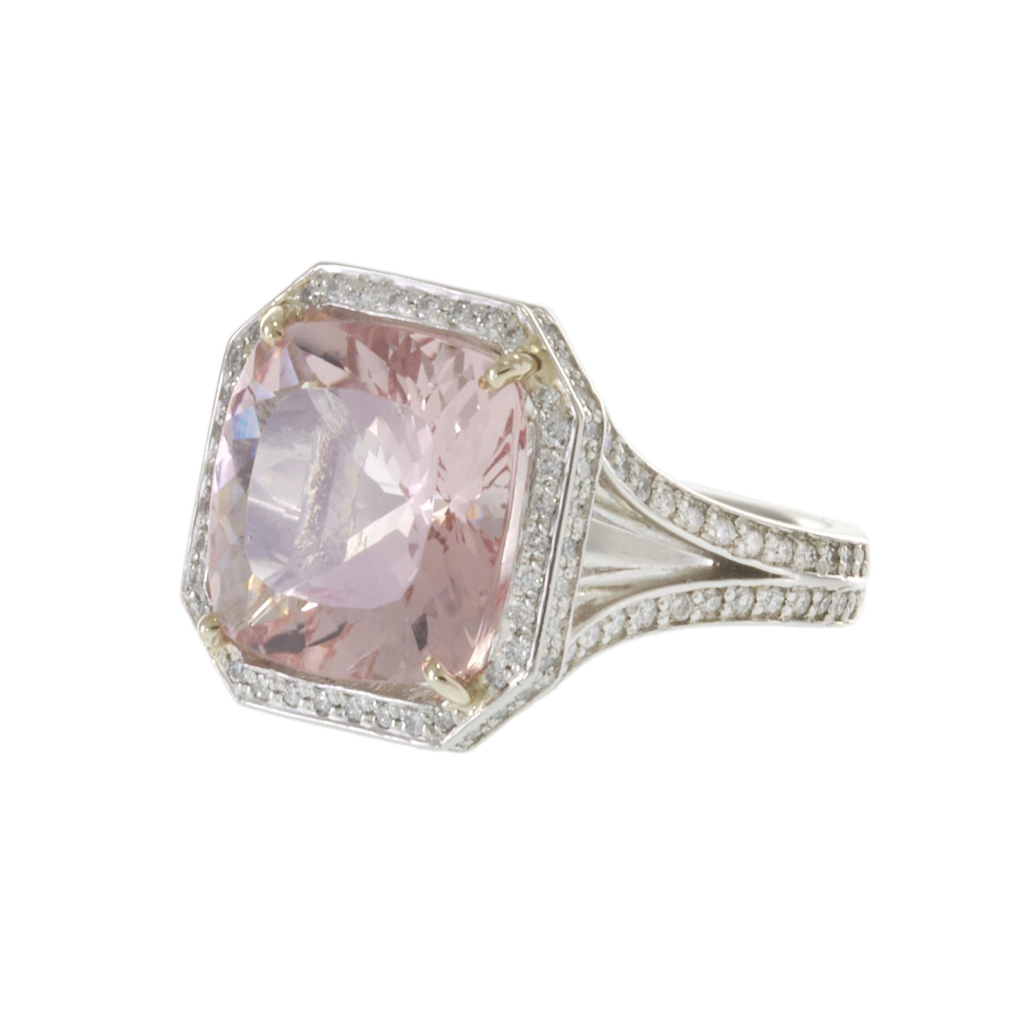 Platinum Cushion Morganite and Diamond Octagonal Halo Cocktail Ring