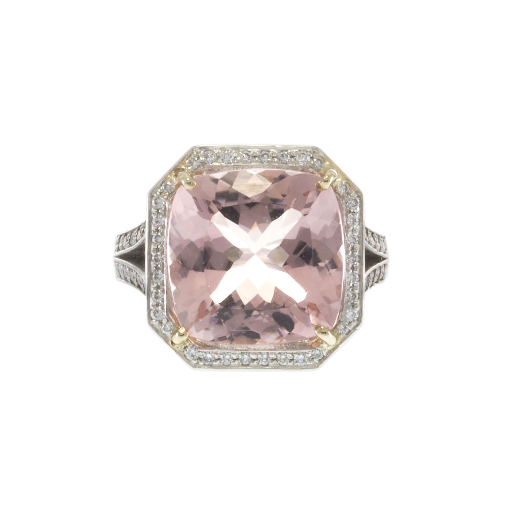 Platinum Cushion Morganite and Diamond Octagonal Halo Cocktail Ring