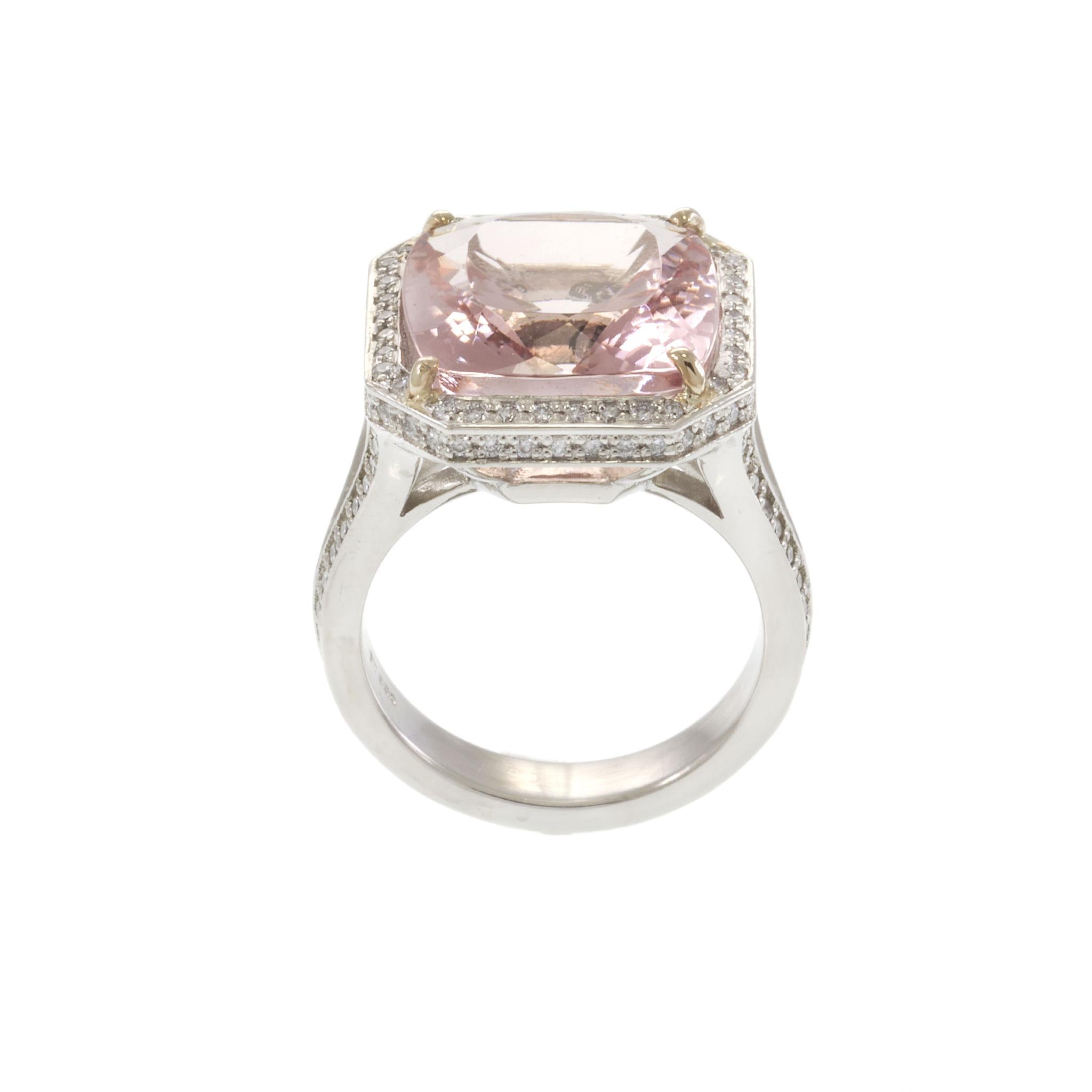 Platinum Cushion Morganite and Diamond Octagonal Halo Cocktail Ring