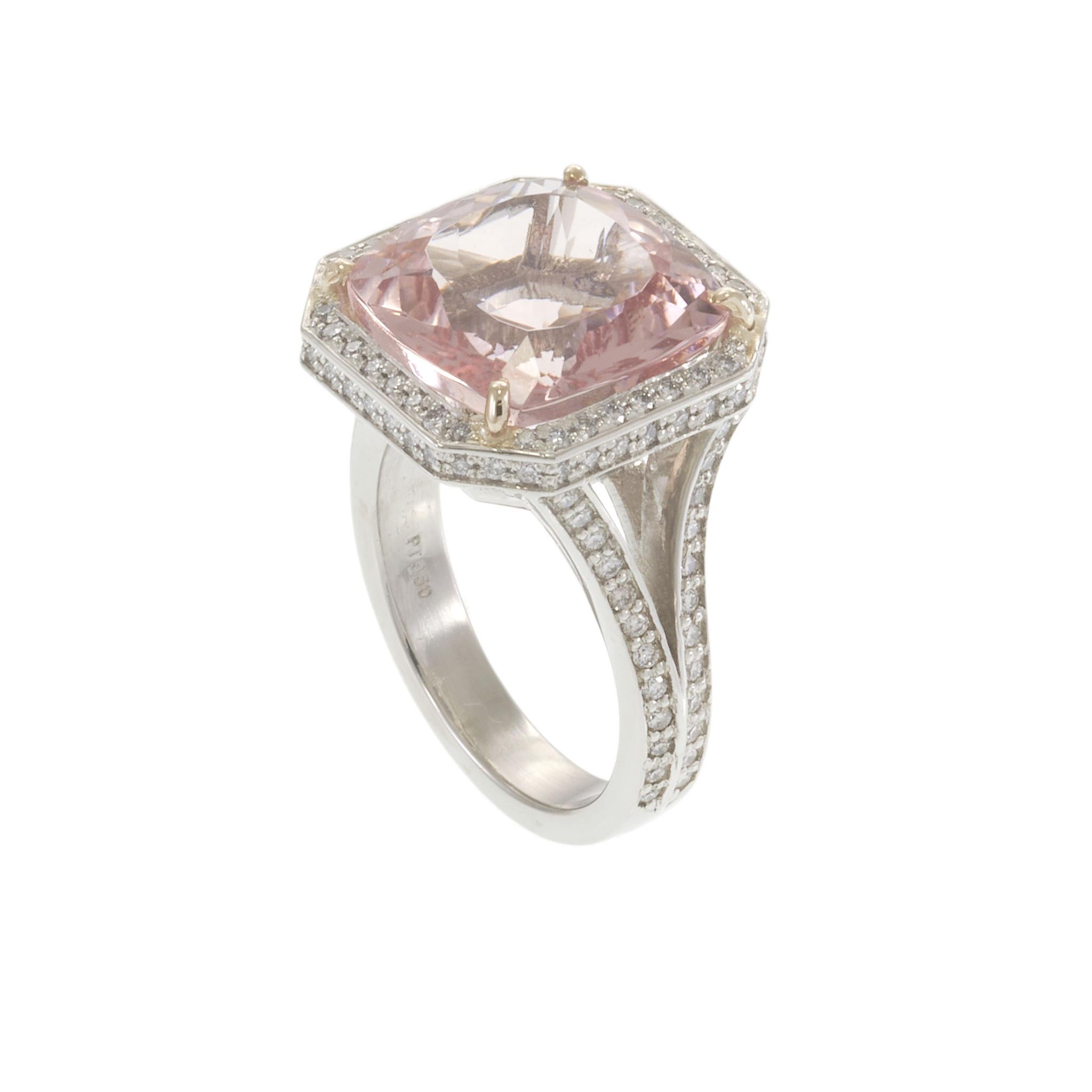 Platinum Cushion Morganite and Diamond Octagonal Halo Cocktail Ring