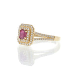 14KT Yellow Gold Ruby and Diamond Double Halo Ring 0.63CT