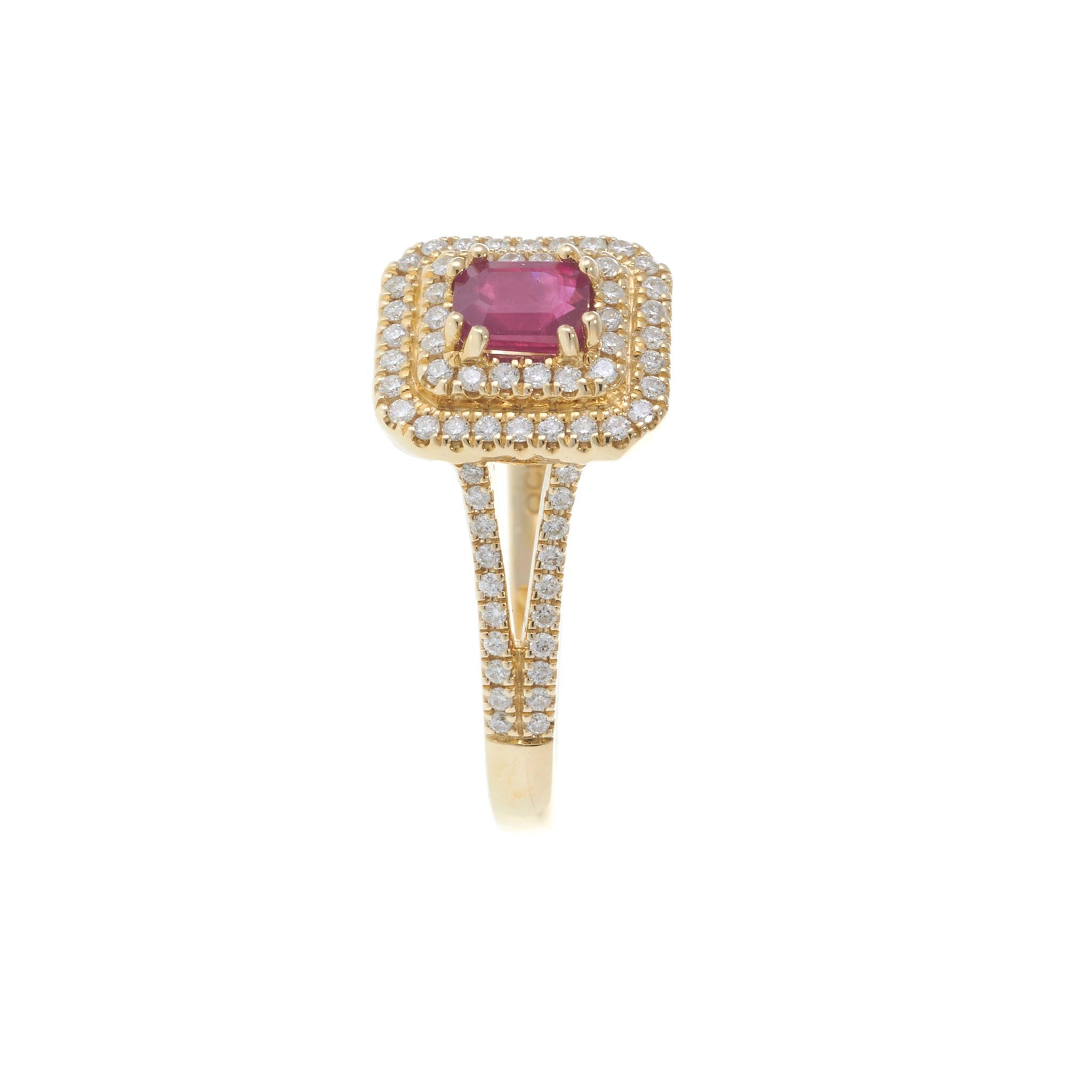 14KT Yellow Gold Ruby and Diamond Double Halo Ring 0.63CT