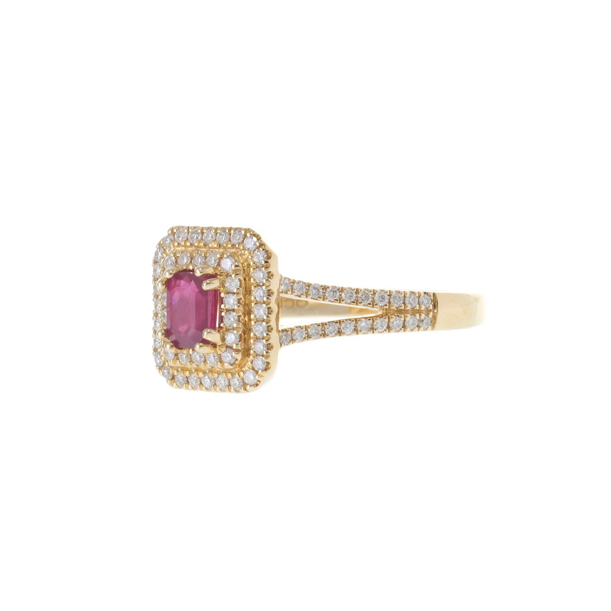 14KT Yellow Gold Ruby and Diamond Double Halo Ring 0.63CT