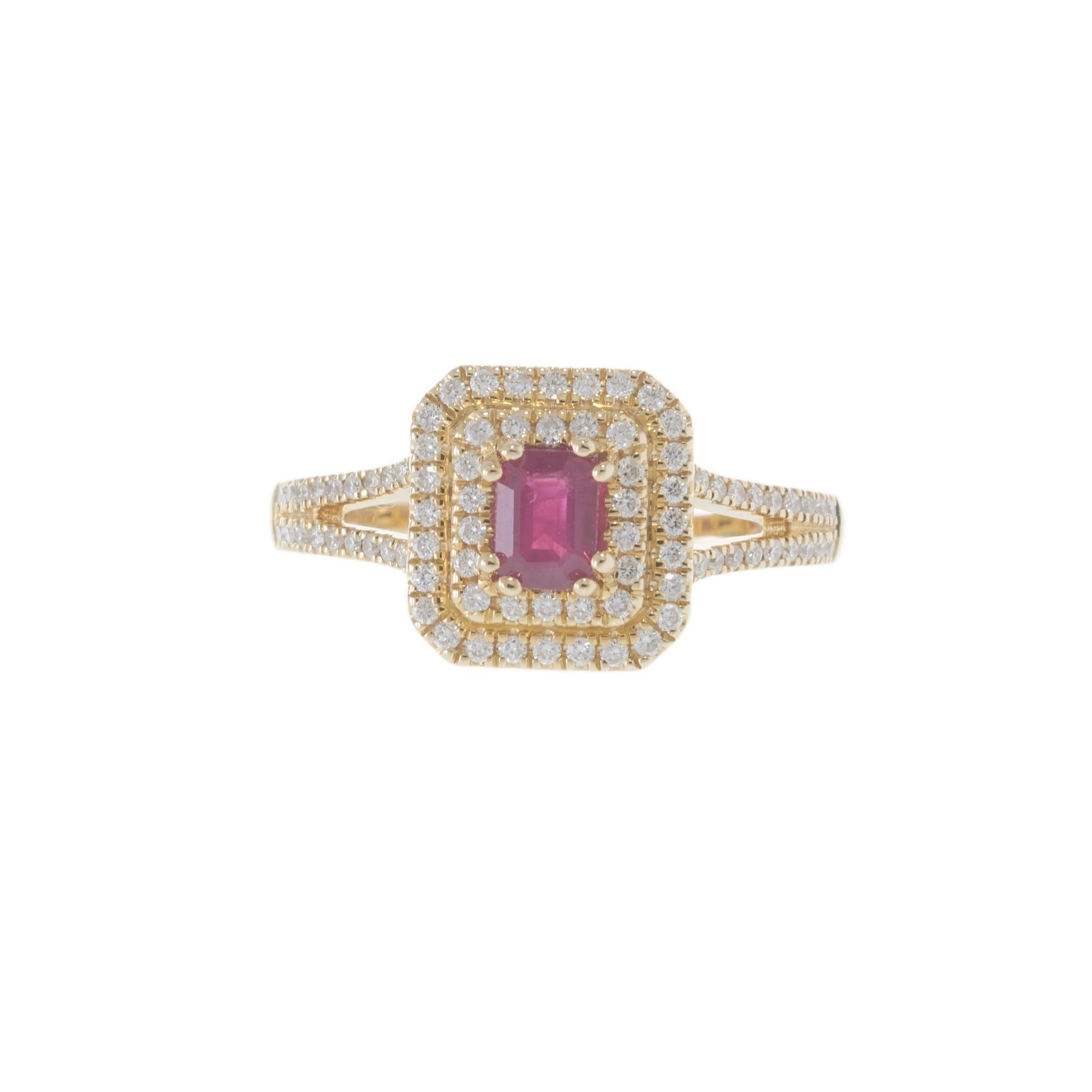 14KT Yellow Gold Ruby and Diamond Double Halo Ring 0.63CT
