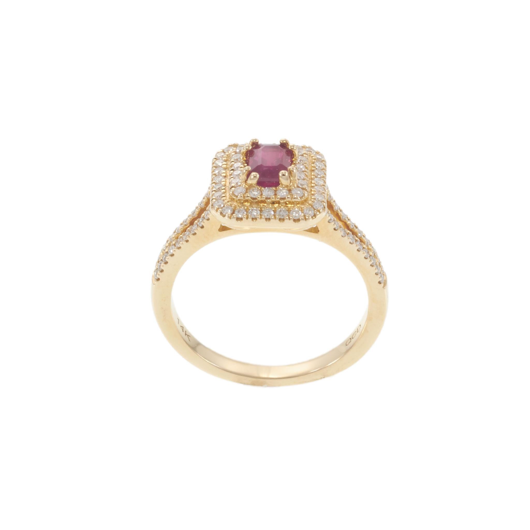 14KT Yellow Gold Ruby and Diamond Double Halo Ring 0.63CT
