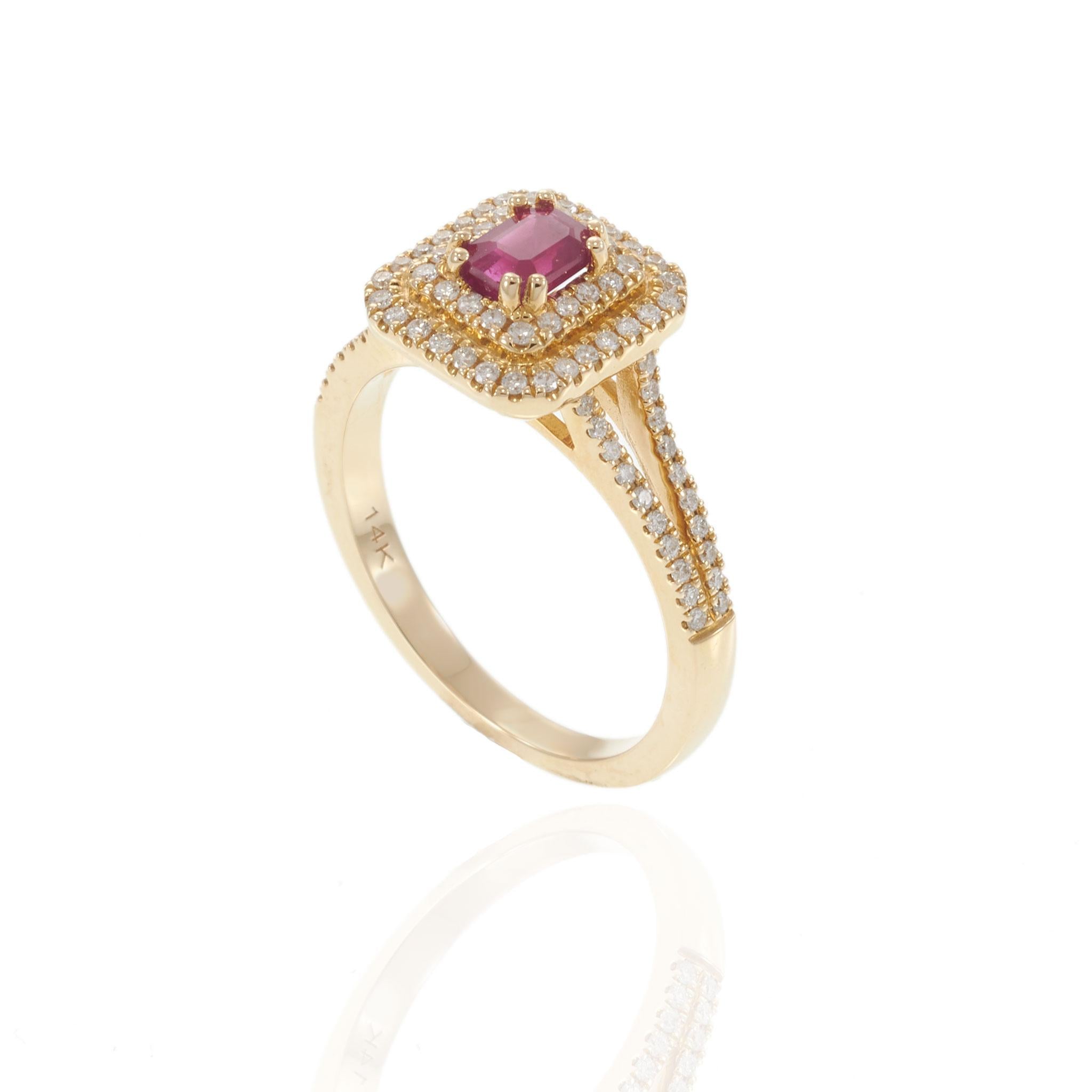 14KT Yellow Gold Ruby and Diamond Double Halo Ring 0.63CT