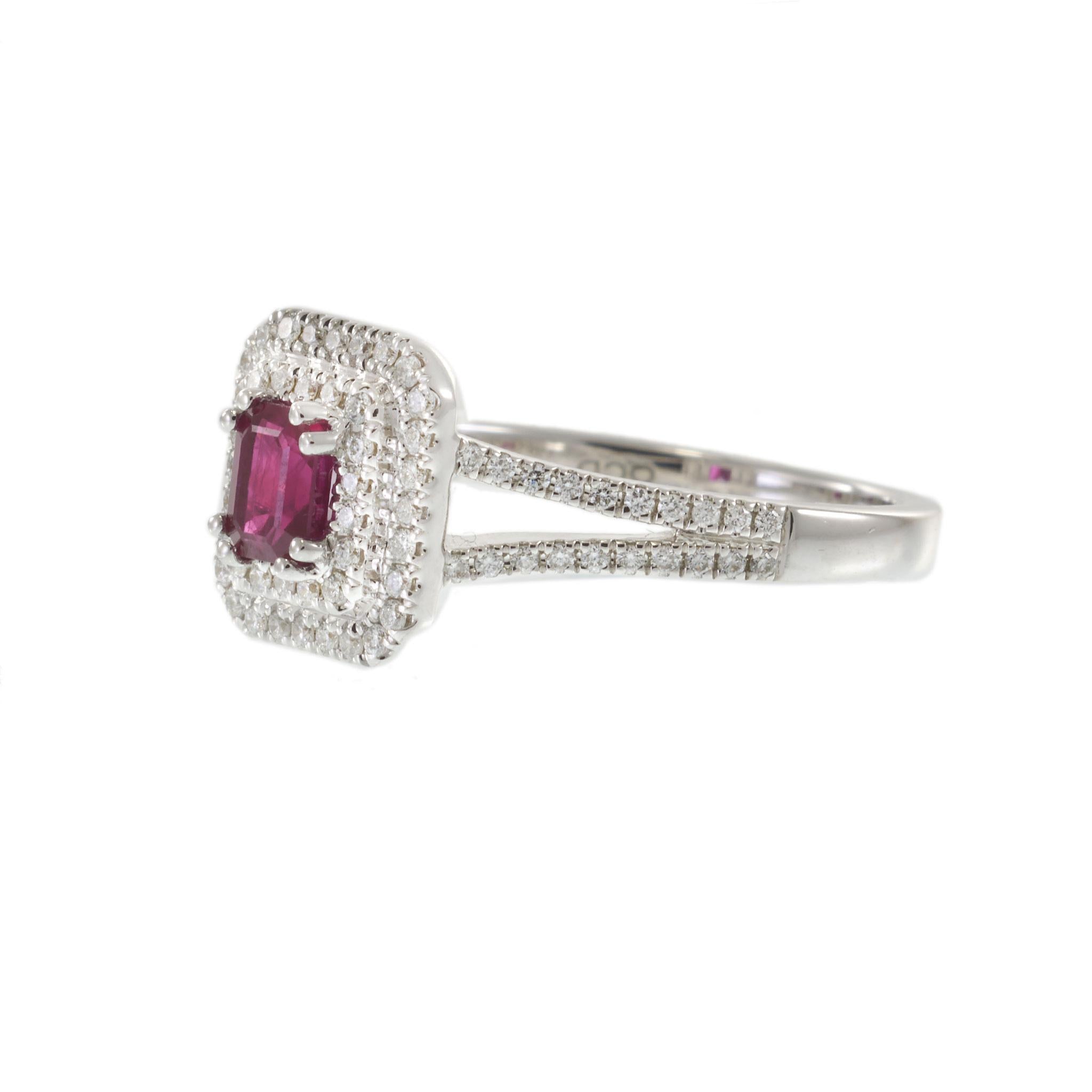 14KT White Gold Emerald Cut Ruby and Diamond Double Halo Ring 0.63CT Ruby