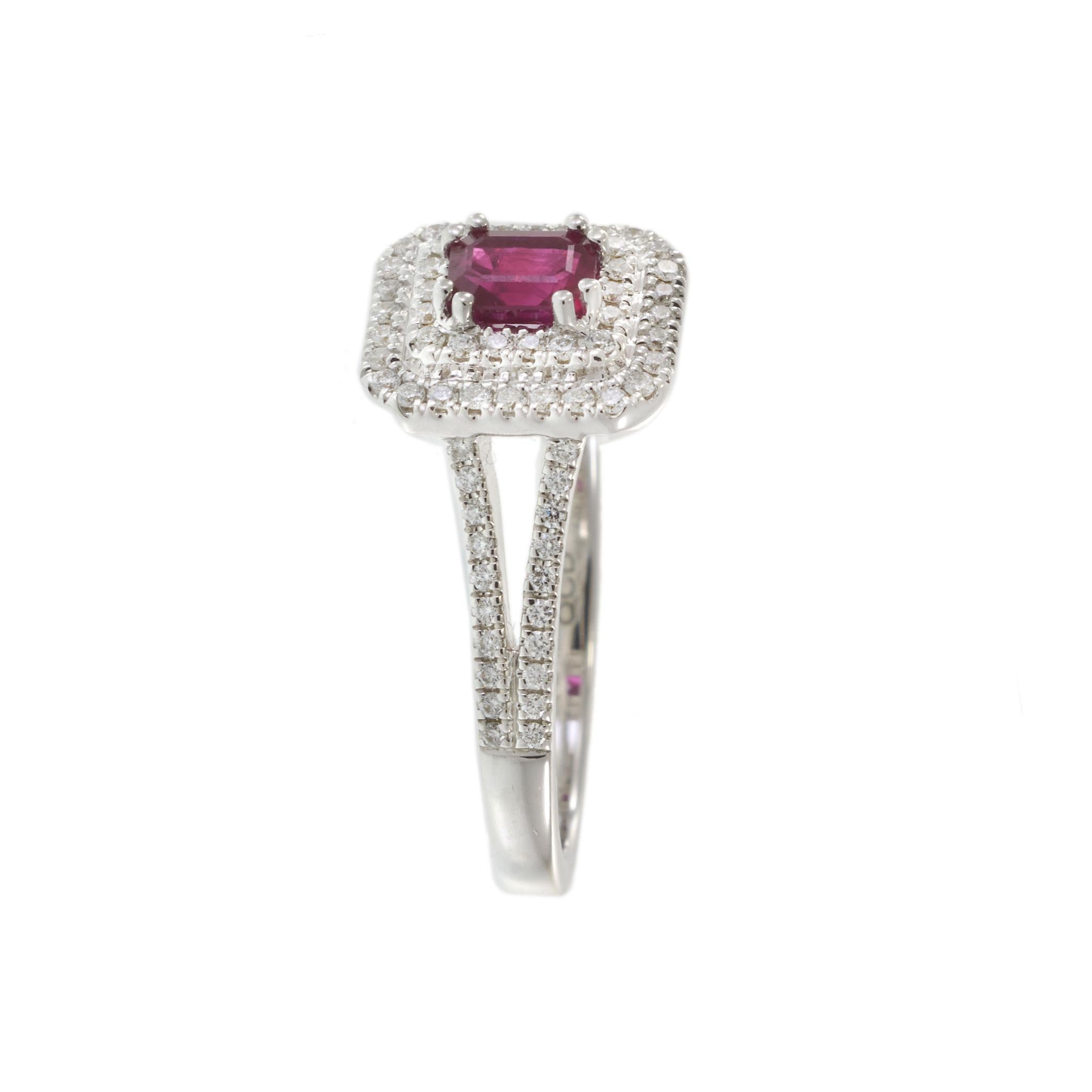 14KT White Gold Emerald Cut Ruby and Diamond Double Halo Ring 0.63CT Ruby