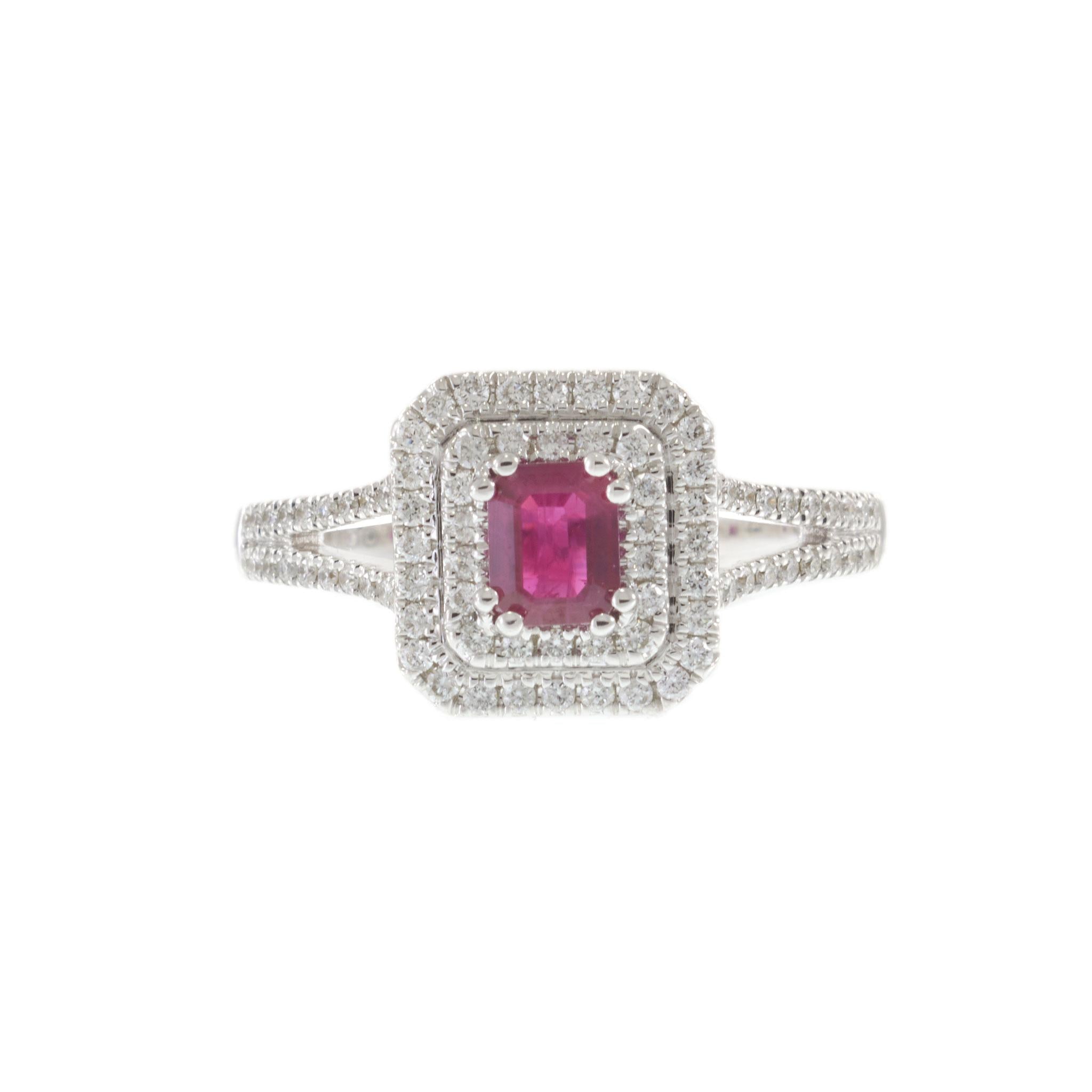 14KT White Gold Emerald Cut Ruby and Diamond Double Halo Ring 0.63CT Ruby