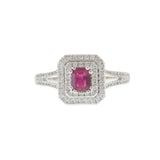 14KT White Gold Emerald Cut Ruby and Diamond Double Halo Ring 0.63CT Ruby
