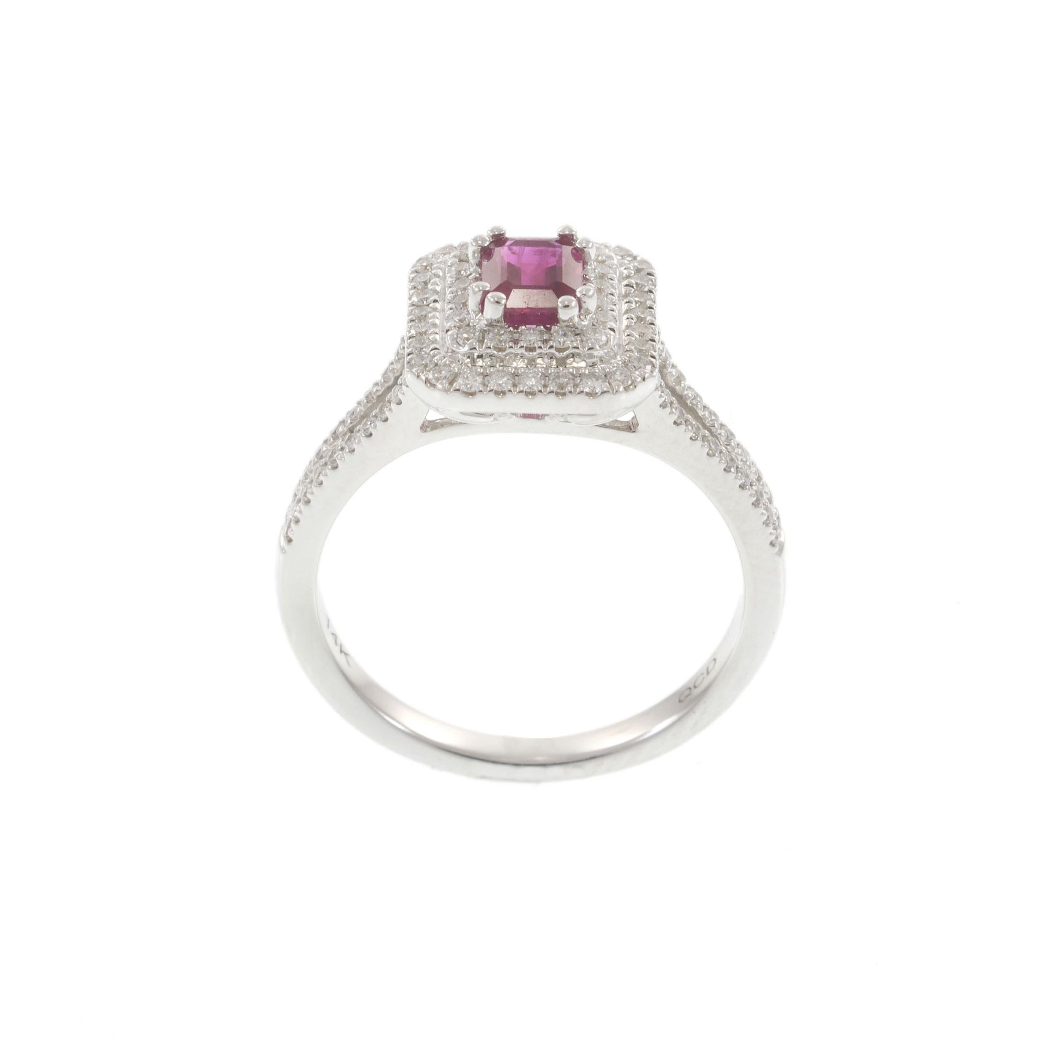 14KT White Gold Emerald Cut Ruby and Diamond Double Halo Ring 0.63CT Ruby