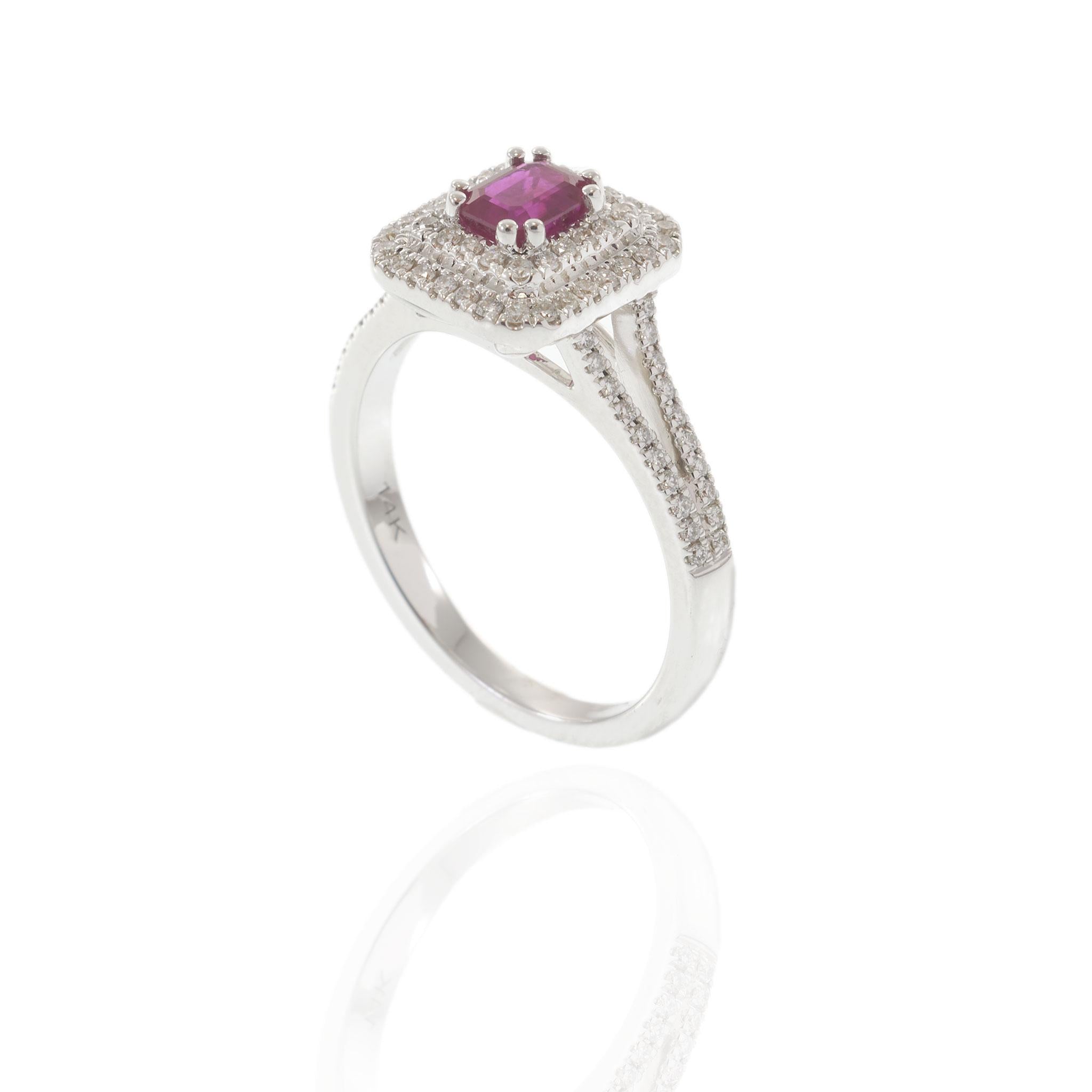 14KT White Gold Emerald Cut Ruby and Diamond Double Halo Ring 0.63CT Ruby