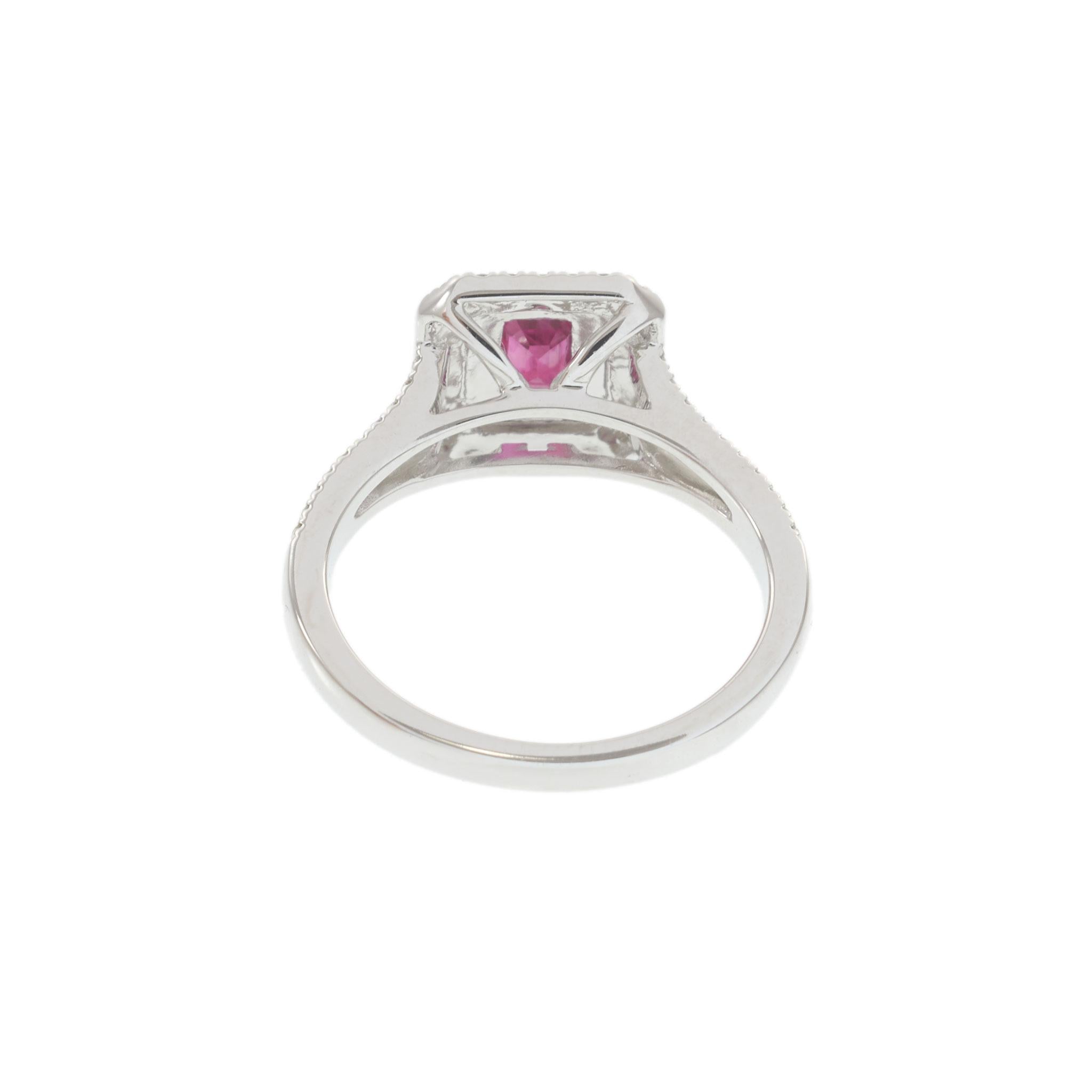 14KT White Gold Emerald Cut Ruby and Diamond Double Halo Ring 0.63CT Ruby