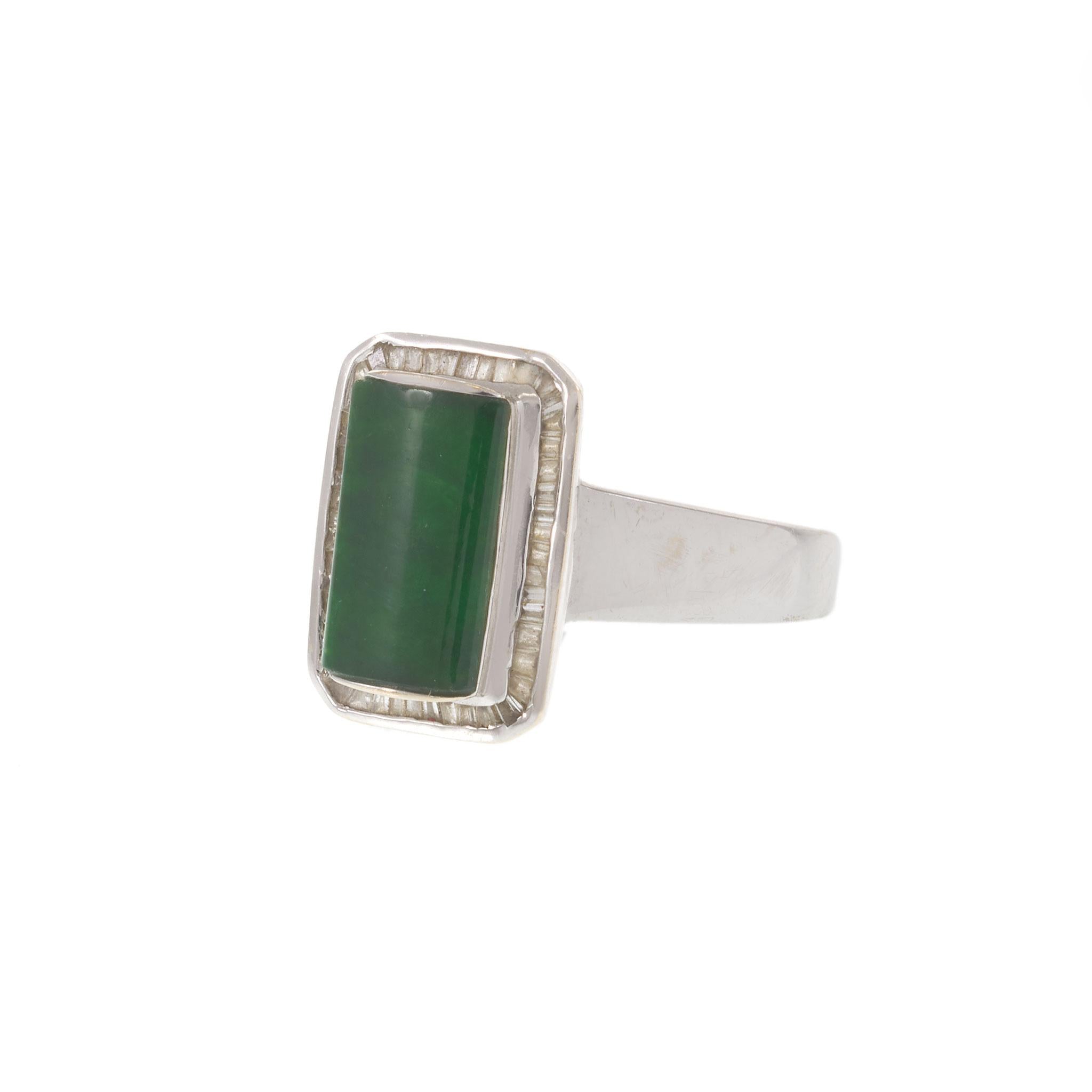 Vintage 18KT White Gold Jade & Baguette Diamond Ring