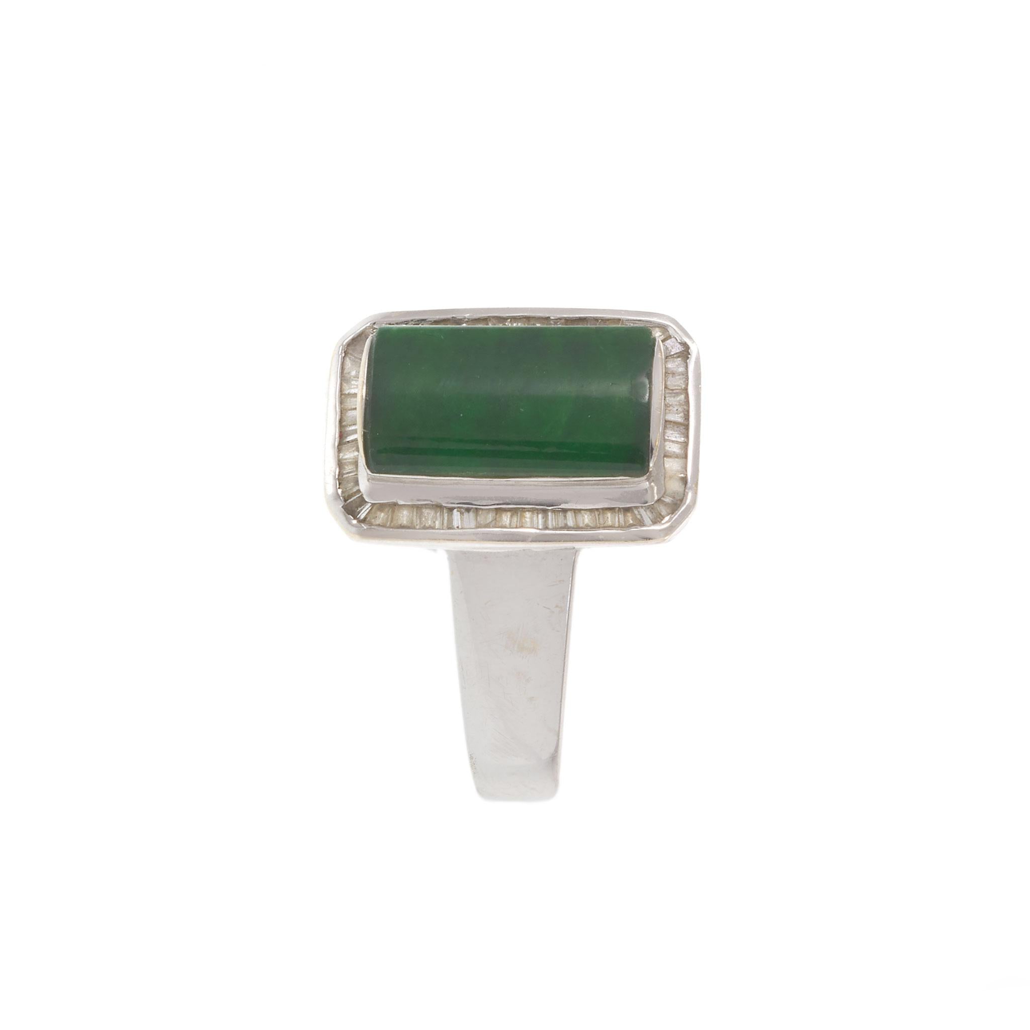 Vintage 18KT White Gold Jade & Baguette Diamond Ring